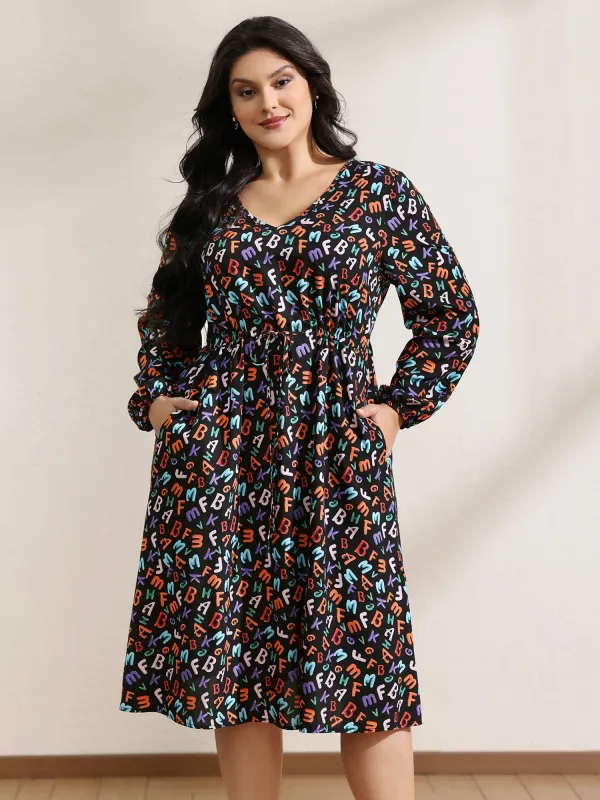Alphabetical Print Drawstring Adjustable Waist Midi Dress sold by Bloomchic