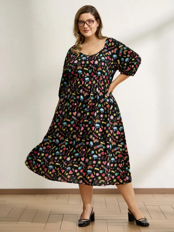 Playful School Print Rayon Deep Neck Midi Dress sold by Bloomchic