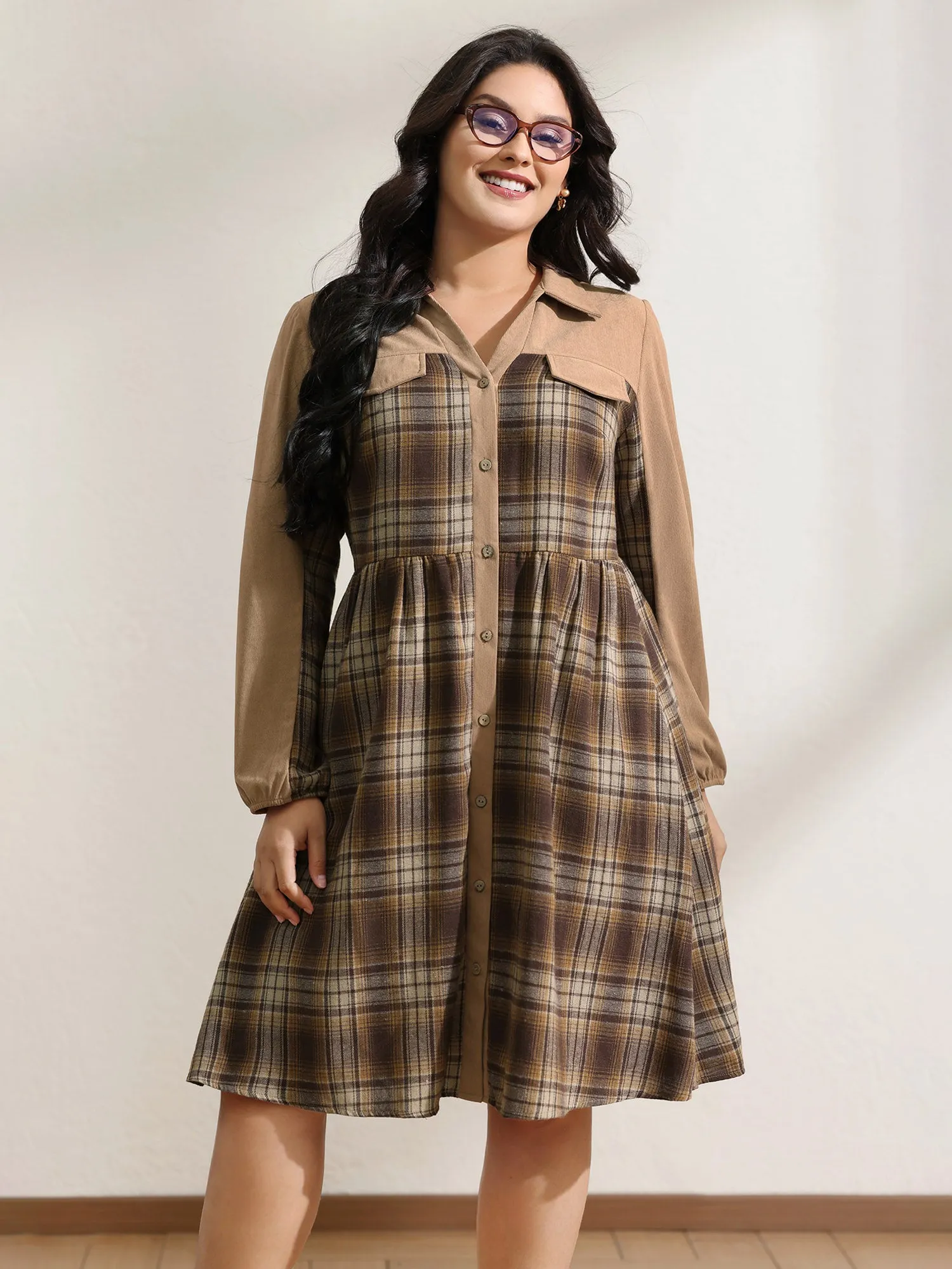 Corduroy Plaid Pattern Contrast Midi Dress sold by Bloomchic