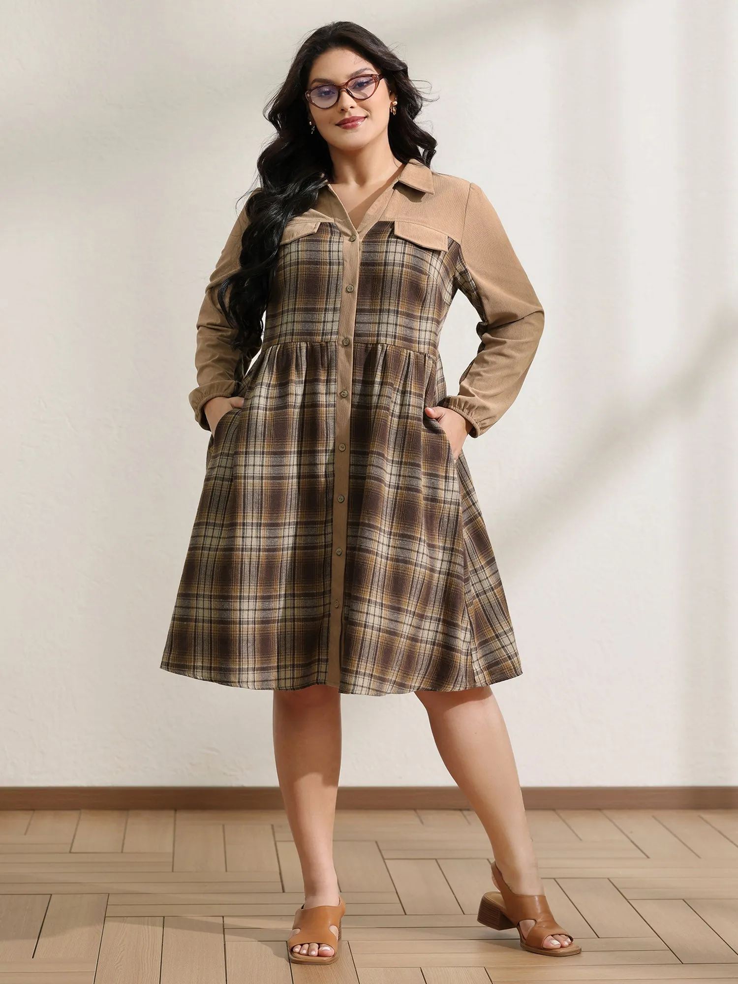 Corduroy Plaid Pattern Contrast Midi Dress sold by Bloomchic product image thumbnail 3