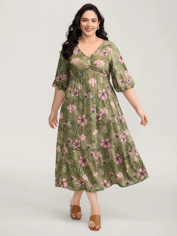 Garden Print Ruched V-Neck Maxi Dress sold by Bloomchic