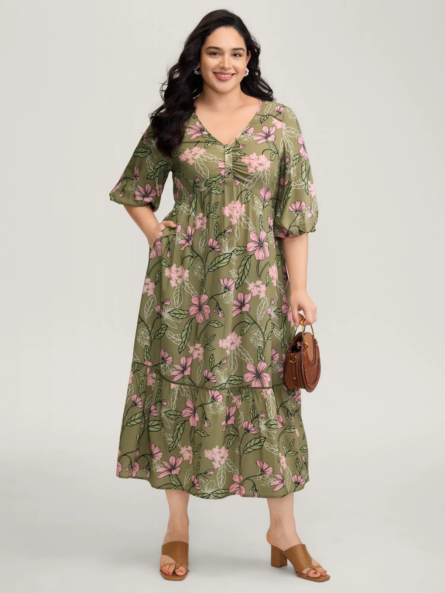 Garden Print Ruched V-Neck Maxi Dress sold by Bloomchic product image thumbnail 3