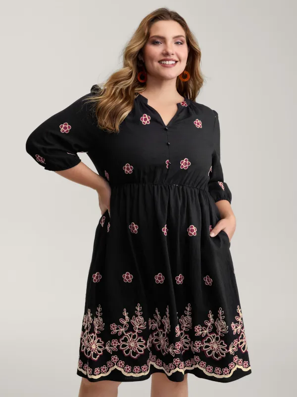 Floral Embroidery Notched Collar Knee-Length Dress sold by Bloomchic