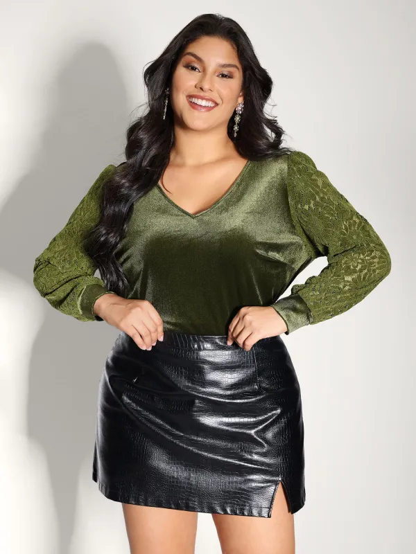 Velvet Stretchy Spliced V-Neck Blouse sold by Bloomchic