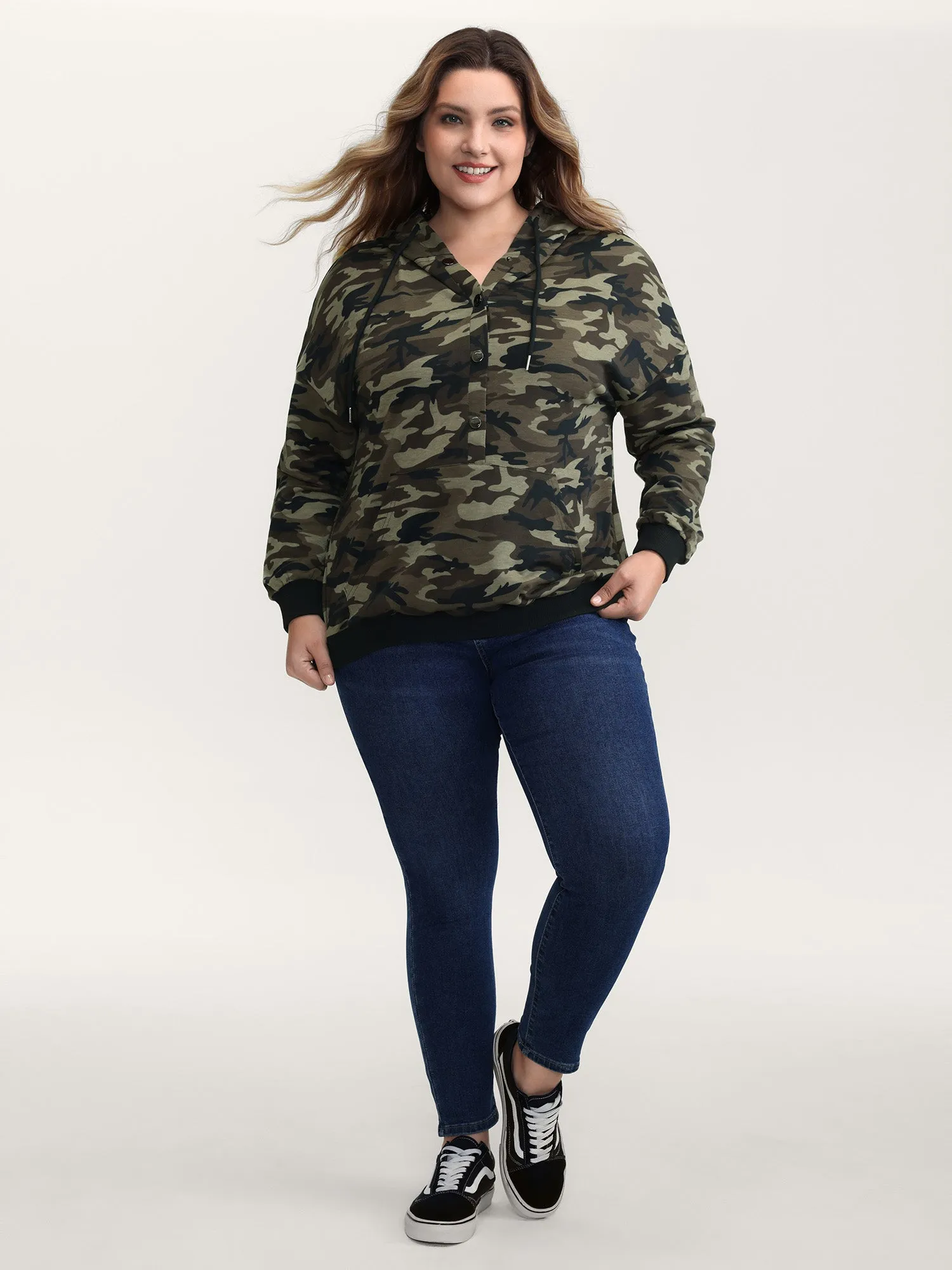 Camouflage Print Patch Pocket Button Hoodie sold by Bloomchic product image thumbnail 3