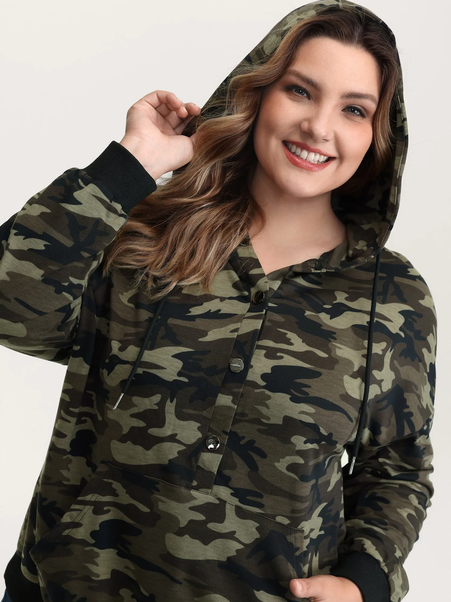 Camouflage Print Patch Pocket Button Hoodie sold by Bloomchic