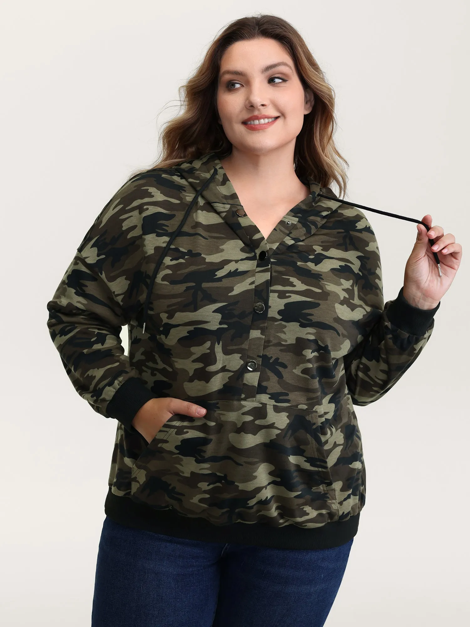 Camouflage Print Patch Pocket Button Hoodie sold by Bloomchic product image thumbnail 2