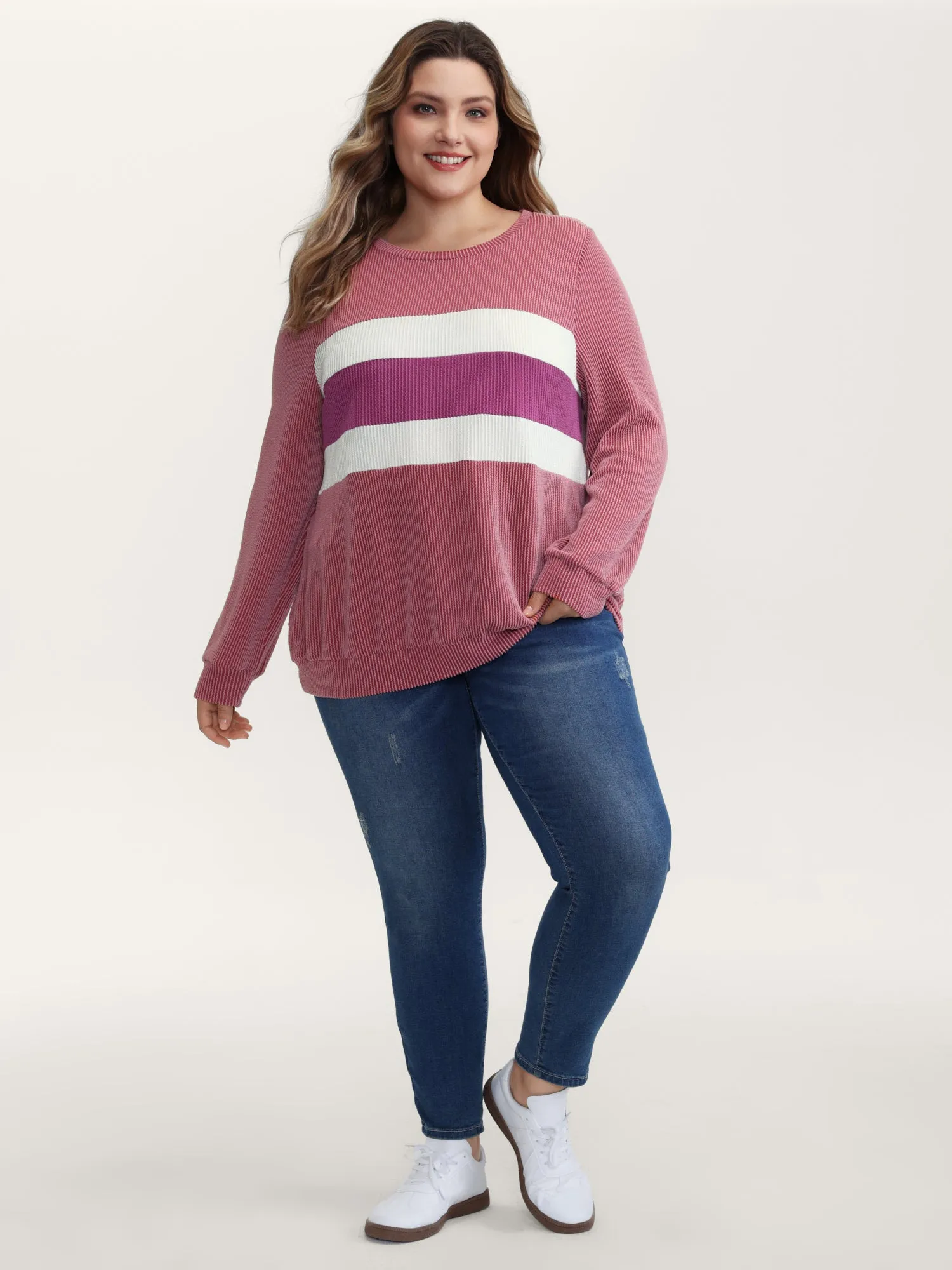 Color Stripes Spliced Knit Sweatshirt sold by Bloomchic product image thumbnail 3