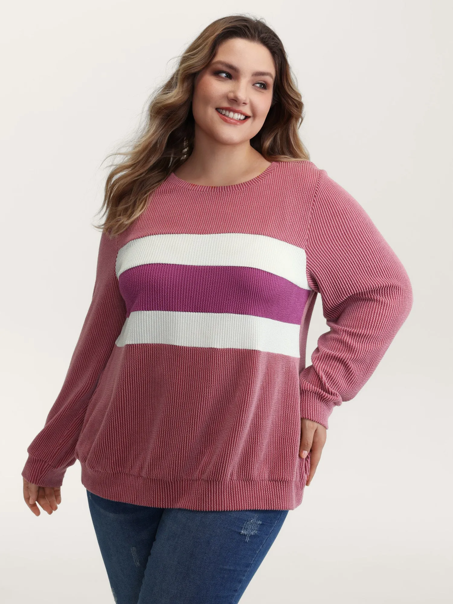 Color Stripes Spliced Knit Sweatshirt sold by Bloomchic