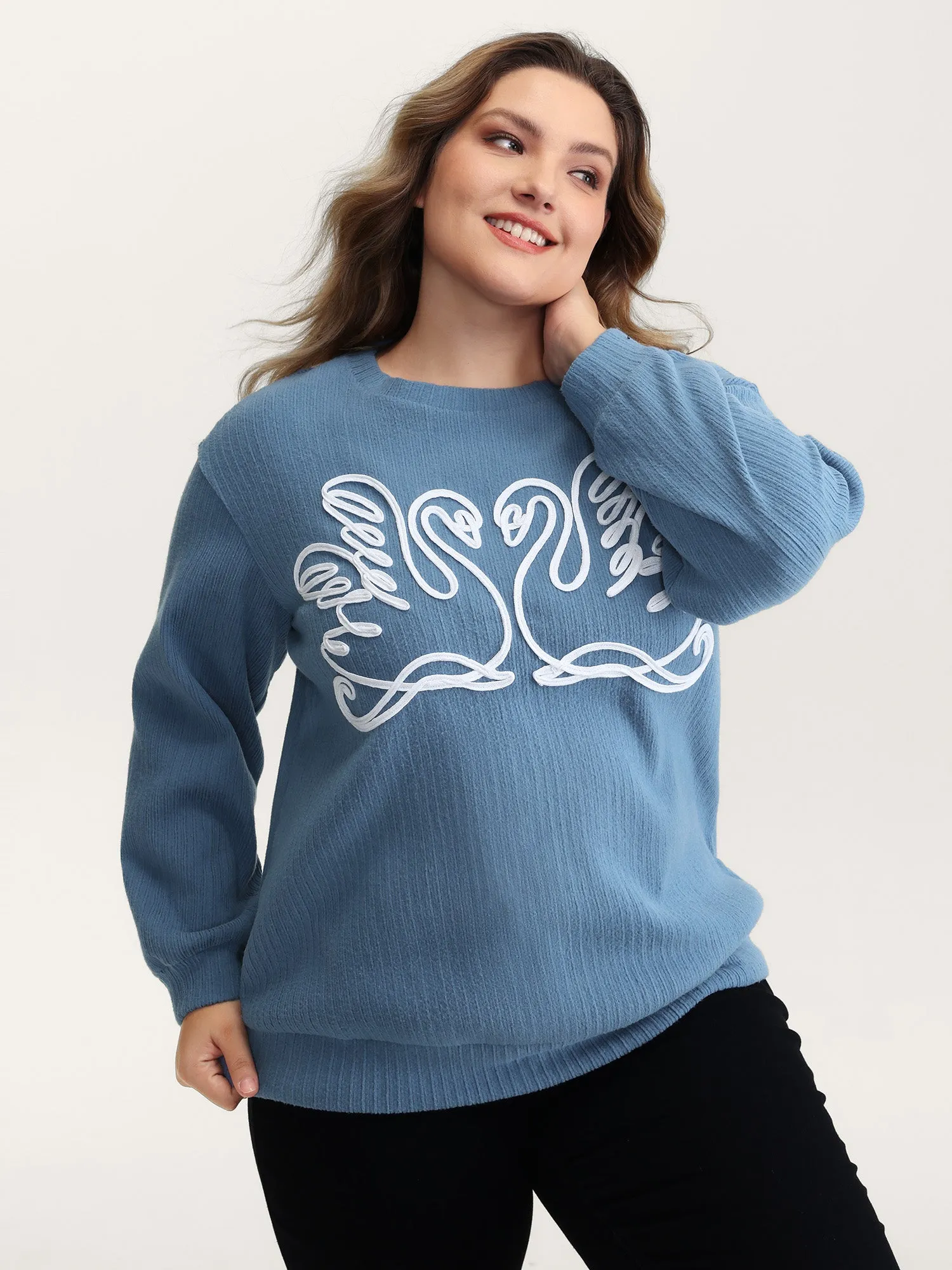 Swan Embroidered Pattern Relaxed-Fit Sweatshirt sold by Bloomchic