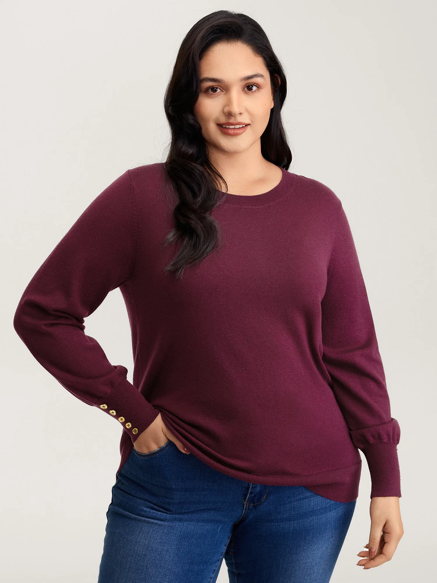 Lantern Sleeve Button Detail Pullover sold by Bloomchic