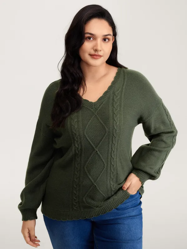 CableKnit Balloon Sleeve V-Neck Pullover sold by Bloomchic