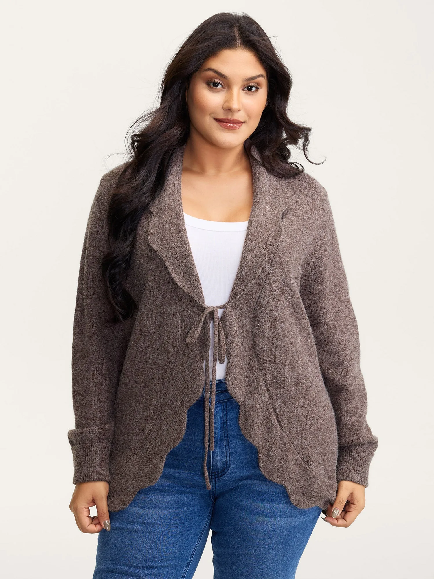 Wavy Arc Hem Tie-Front Knit Cardigan sold by Bloomchic product image thumbnail 4