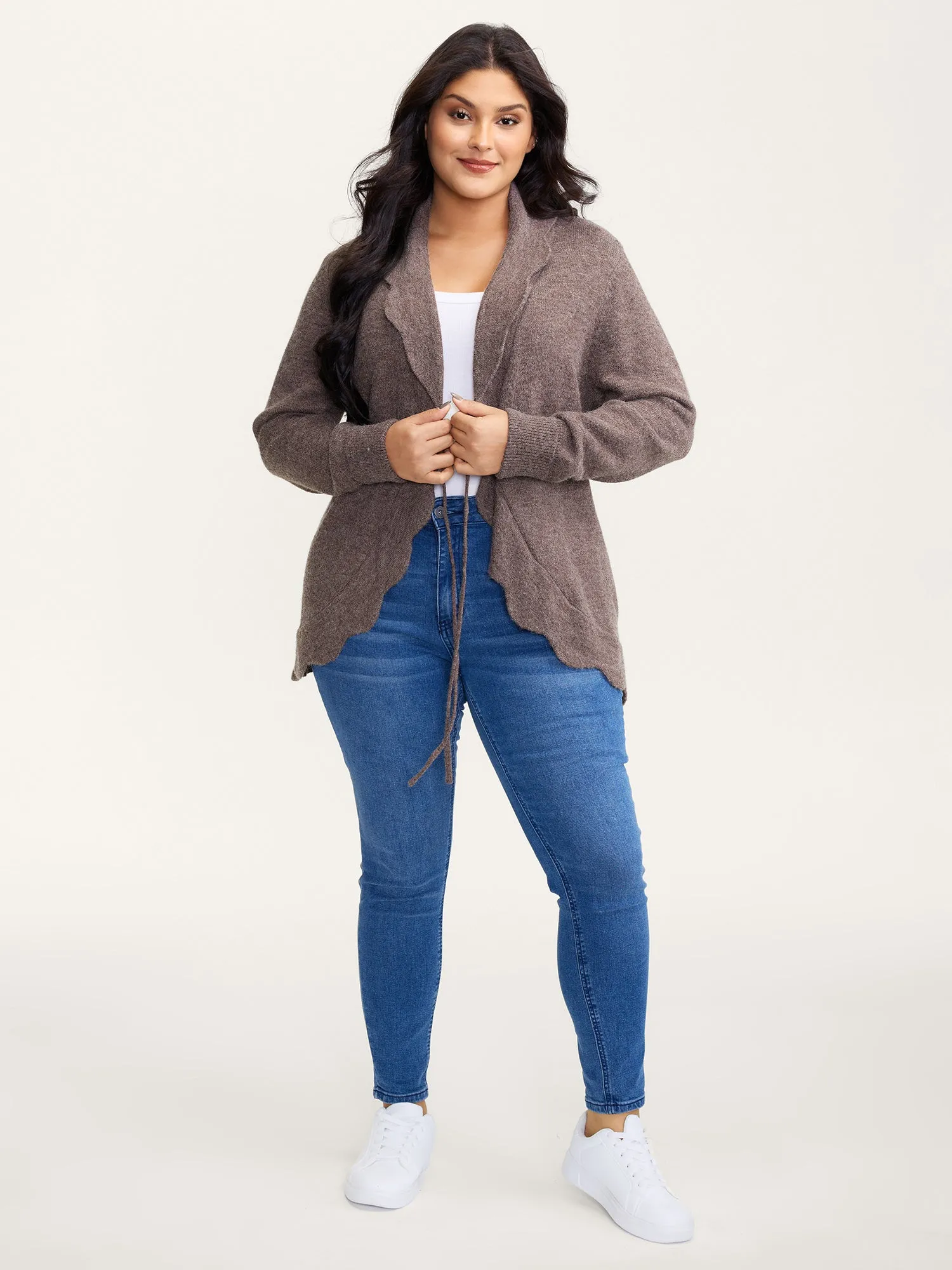 Wavy Arc Hem Tie-Front Knit Cardigan sold by Bloomchic product image thumbnail 3