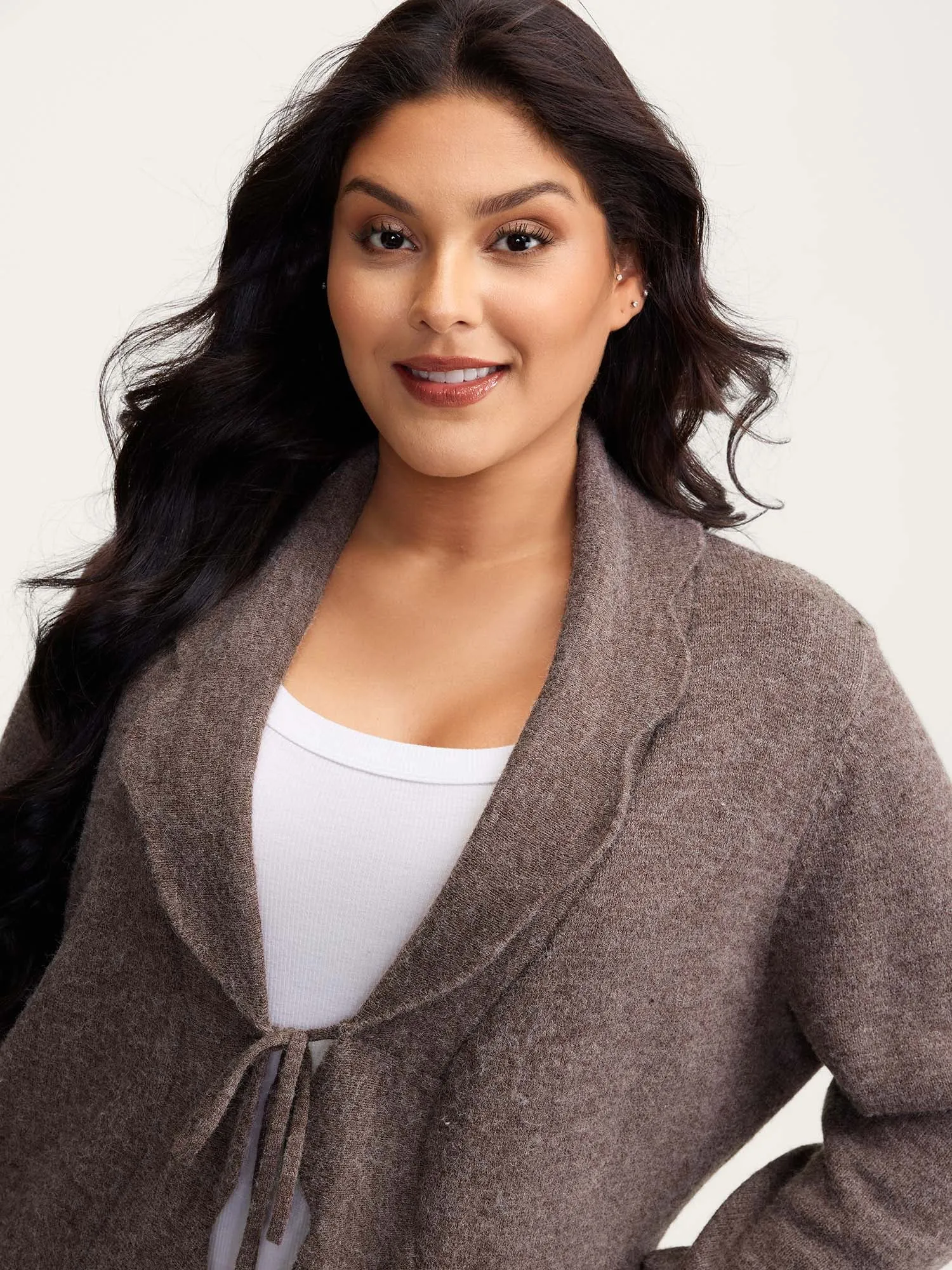 Wavy Arc Hem Tie-Front Knit Cardigan sold by Bloomchic product image thumbnail 2