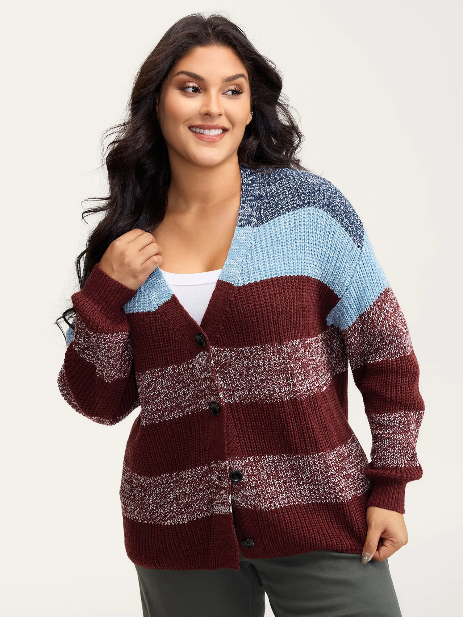 Colorblock Buttons V-Neck Knit Cardigan sold by Bloomchic product image thumbnail 4