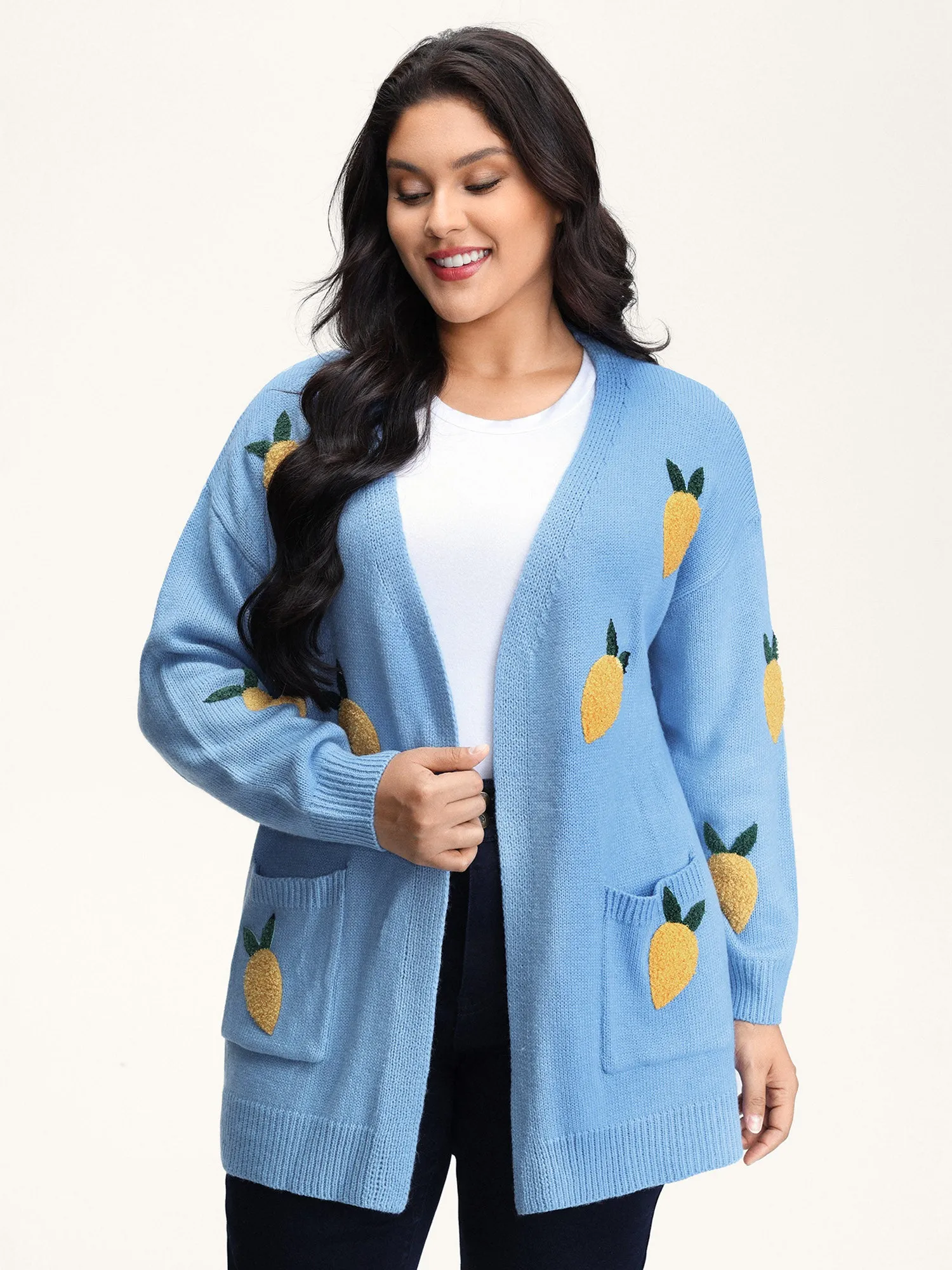 Lemon Embroidery V-Neck Pockets Knit Cardigan sold by Bloomchic