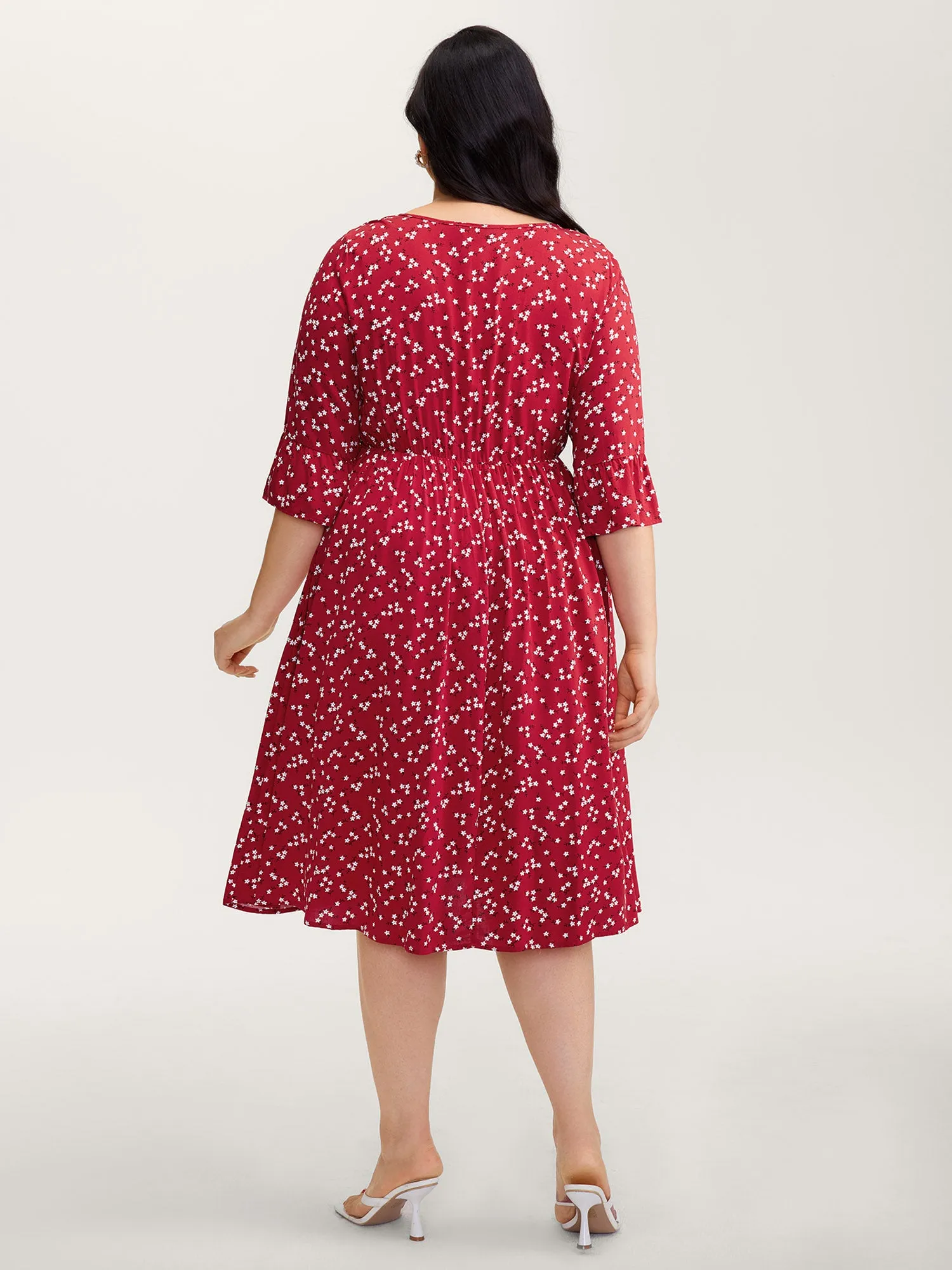 Floral Print Shirred Cut-Out Neck Midi Dress sold by Bloomchic product image thumbnail 4