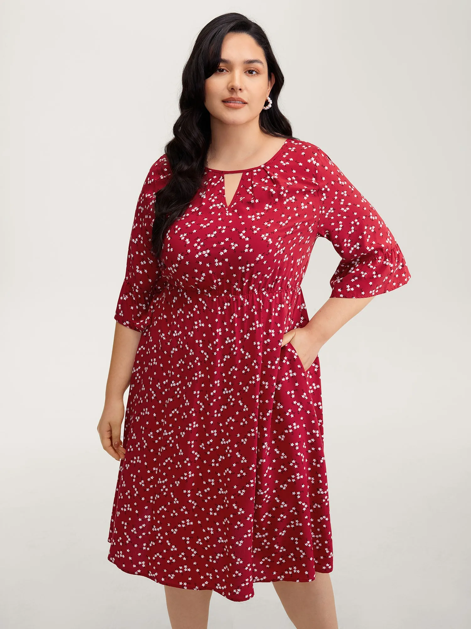 Floral Print Shirred Cut-Out Neck Midi Dress sold by Bloomchic