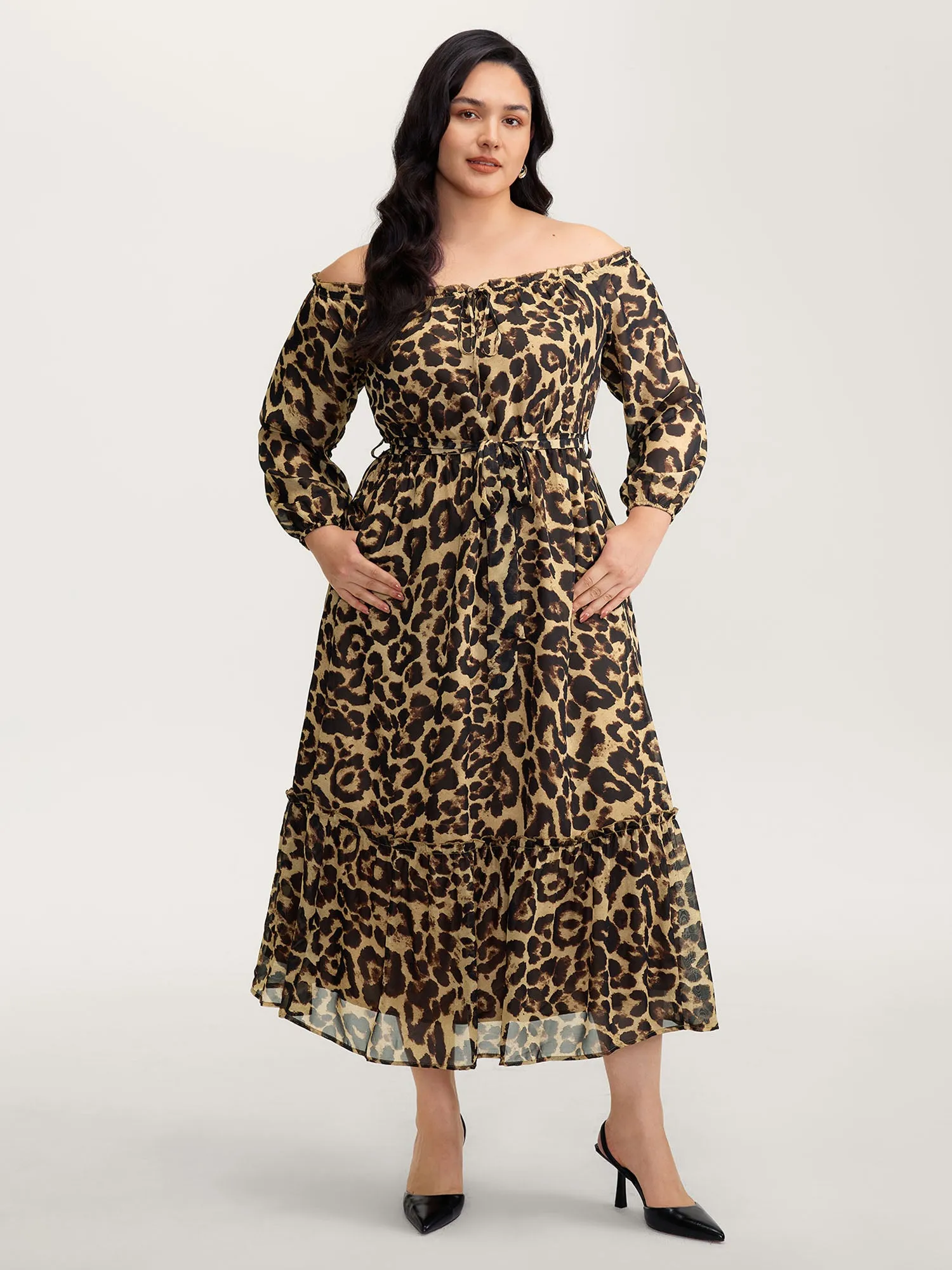 Off-Shoulder Leopard Print Sheer Maxi Dress sold by Bloomchic product image thumbnail 3