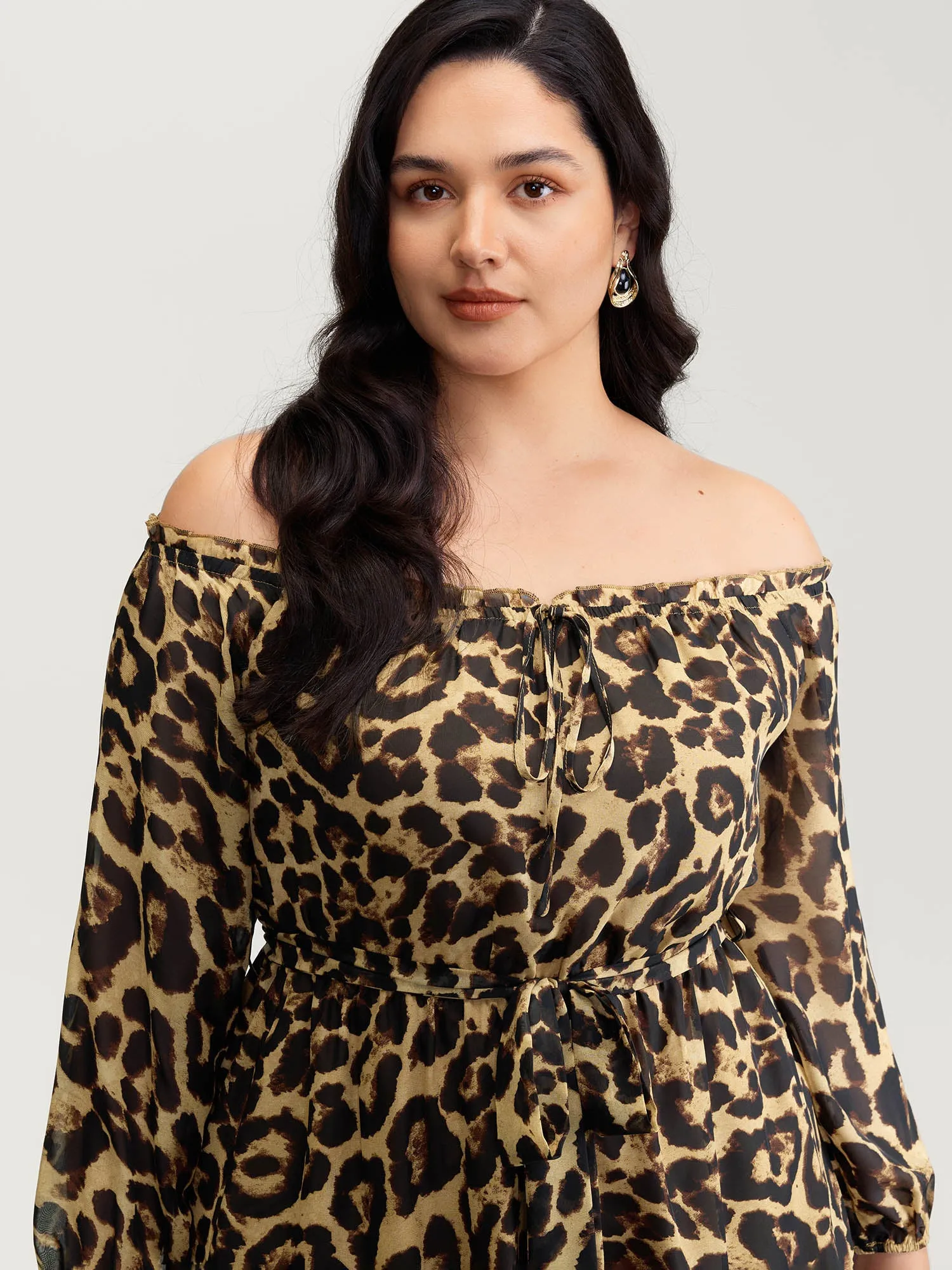 Off-Shoulder Leopard Print Sheer Maxi Dress sold by Bloomchic product image thumbnail 2