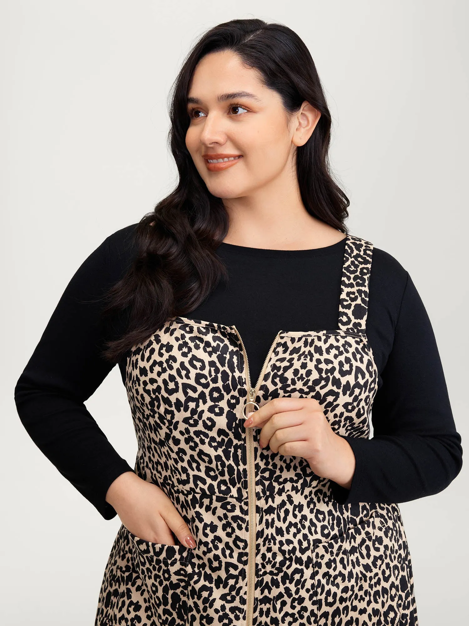 Leopard Print Zipper Front Knee-Length Dress sold by Bloomchic product image thumbnail 2