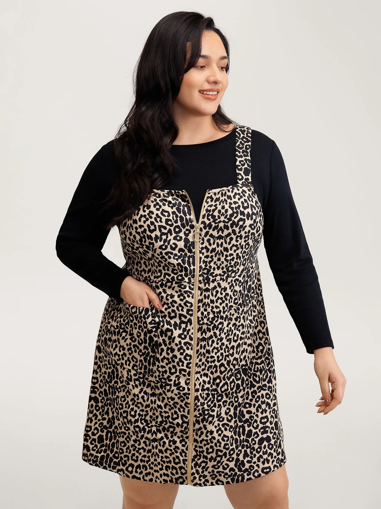 Leopard Print Zipper Front Knee-Length Dress sold by Bloomchic