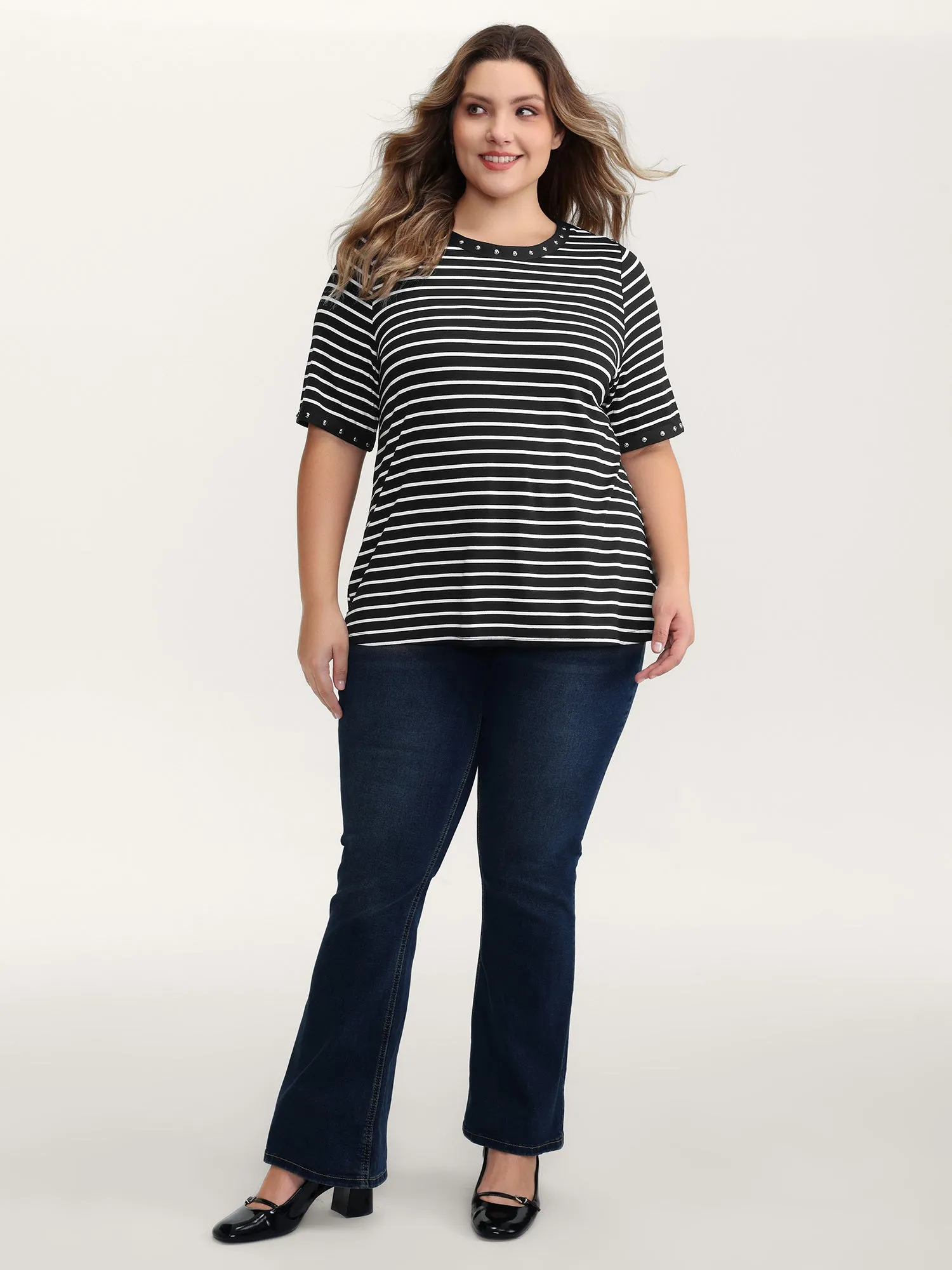 Stripe Rivets Contrast Edge T-Shirt sold by Bloomchic product image thumbnail 3