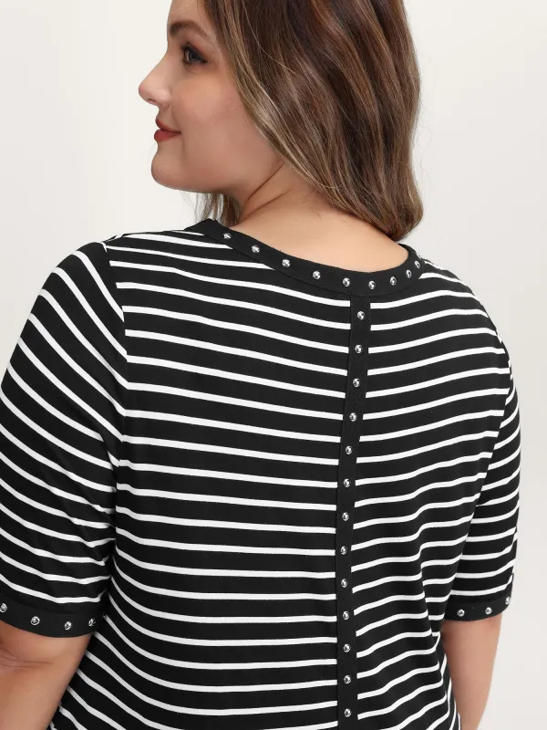 Stripe Rivets Contrast Edge T-Shirt sold by Bloomchic