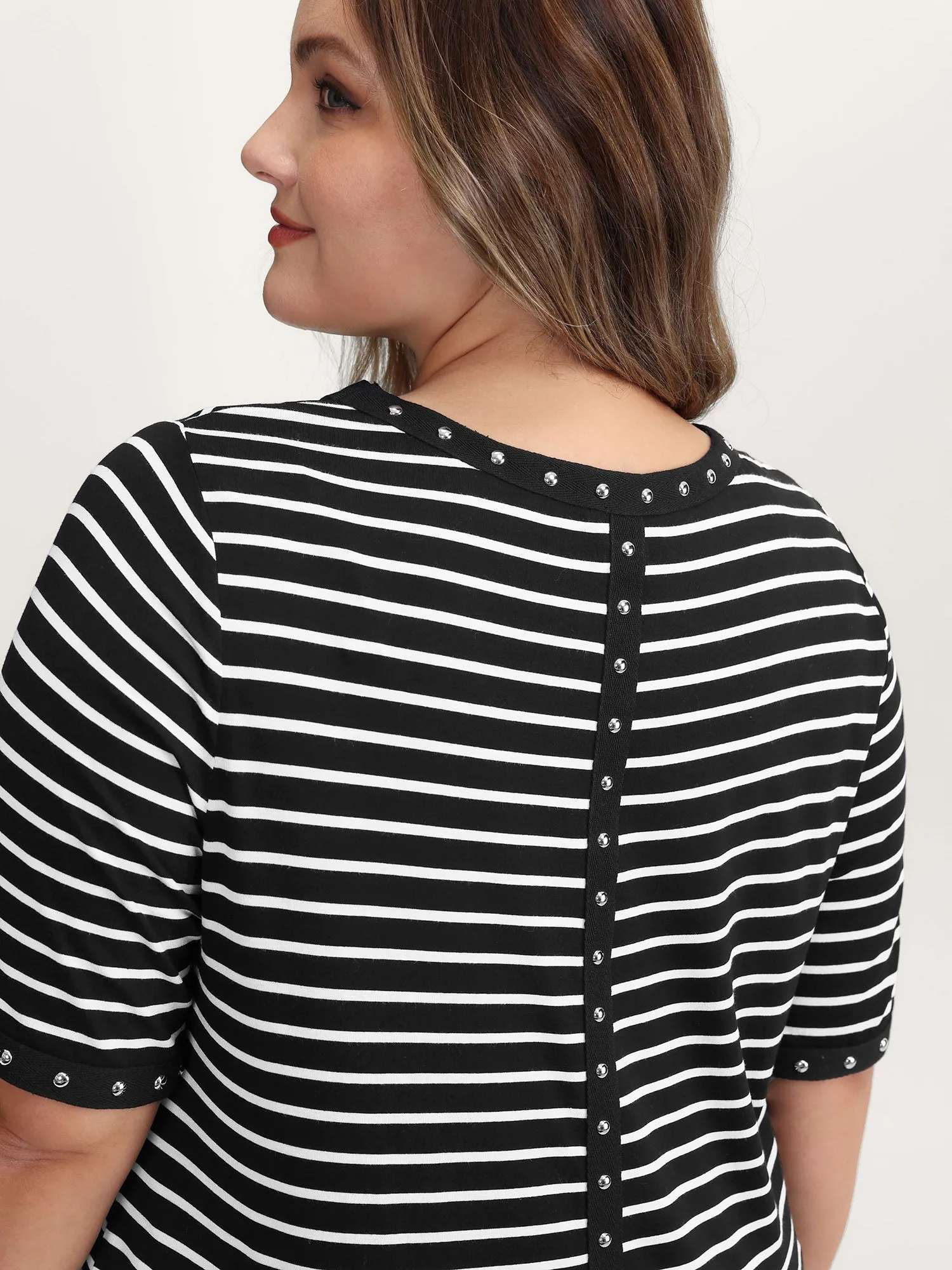 Stripe Rivets Contrast Edge T-Shirt sold by Bloomchic