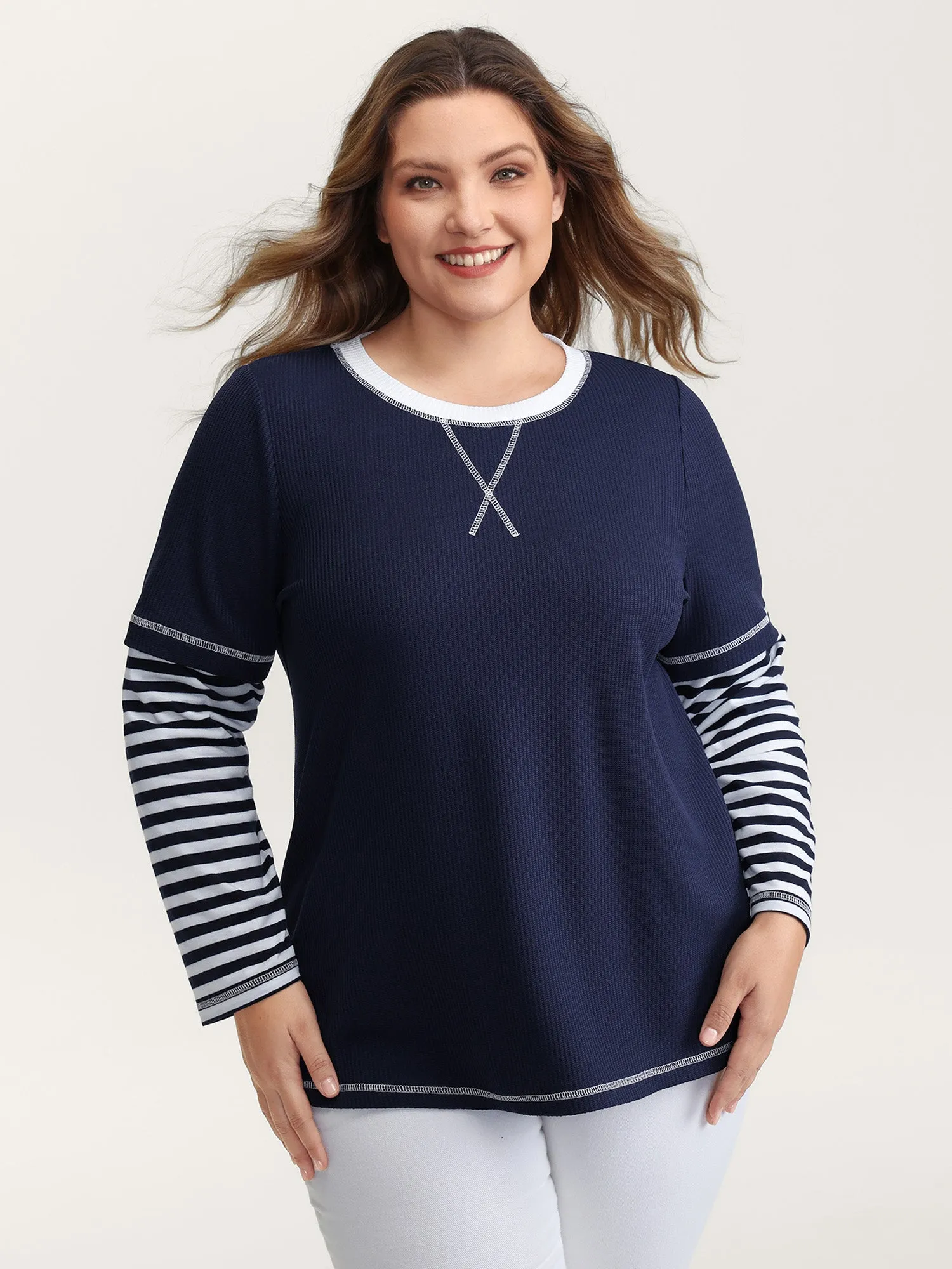 Waffle Layered Color Contrast T-Shirt sold by Bloomchic