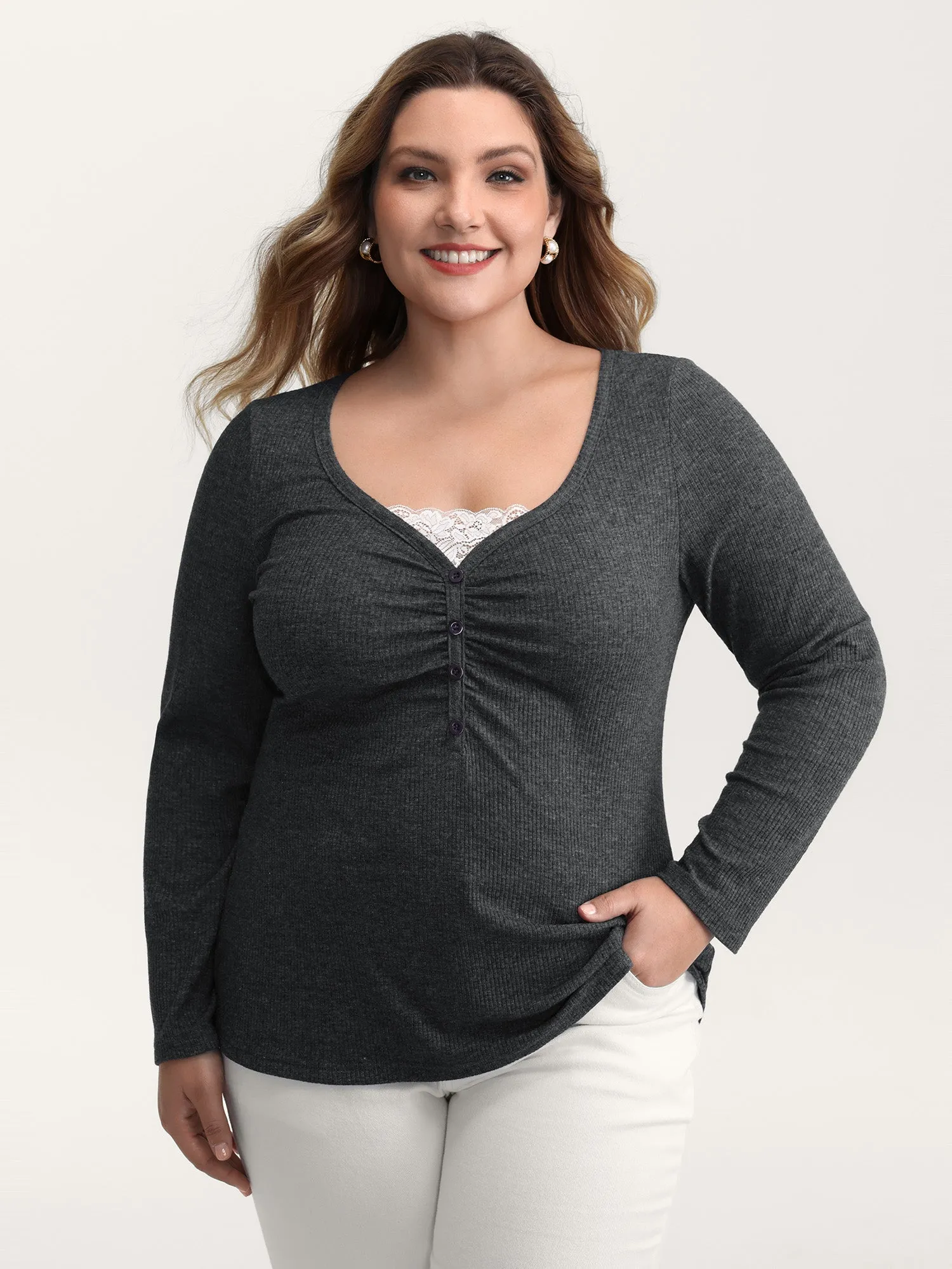 2-In-1 Lace Patchwork Ruched T-Shirt sold by Bloomchic