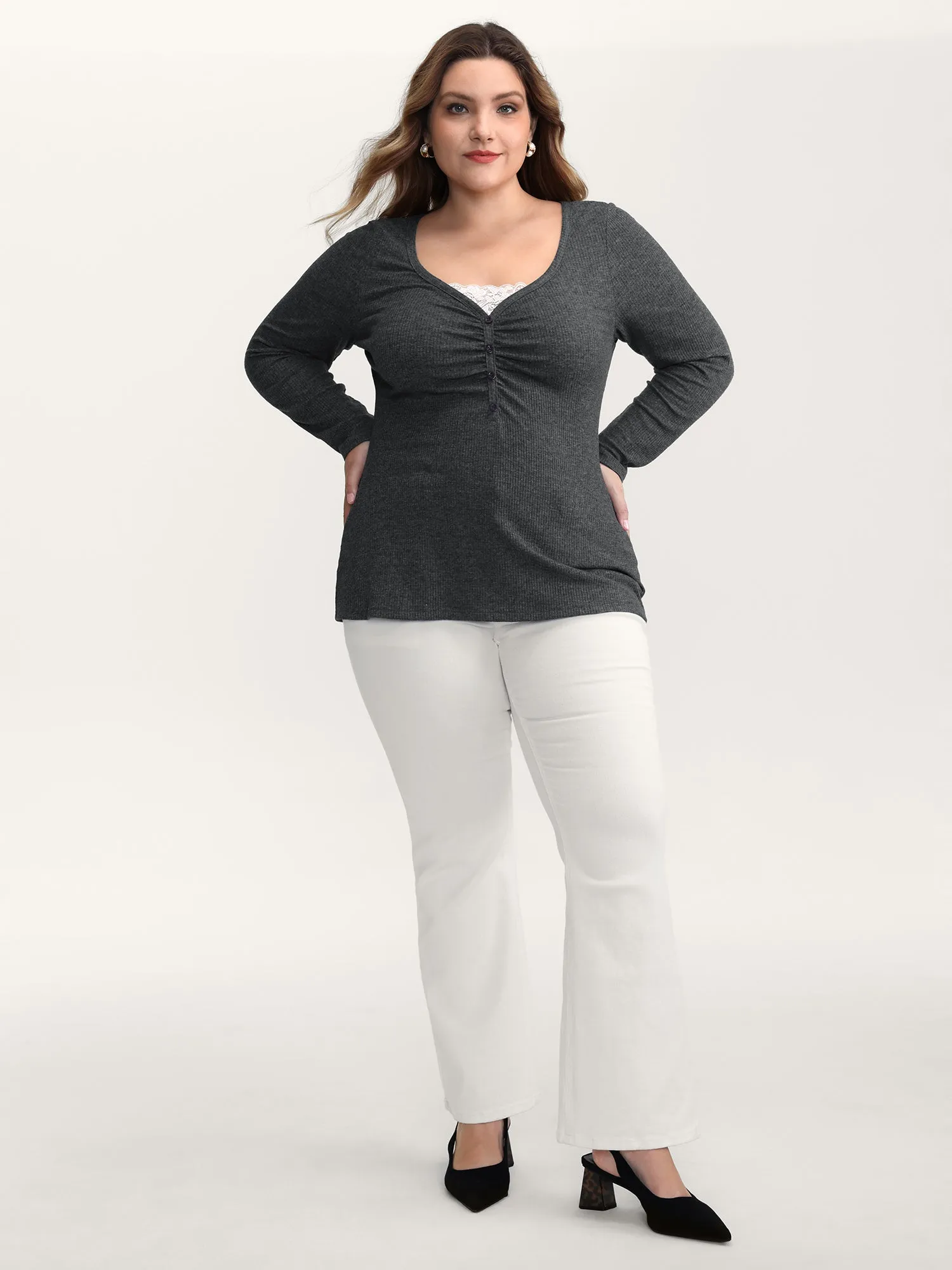 2-In-1 Lace Patchwork Ruched T-Shirt sold by Bloomchic product image thumbnail 4