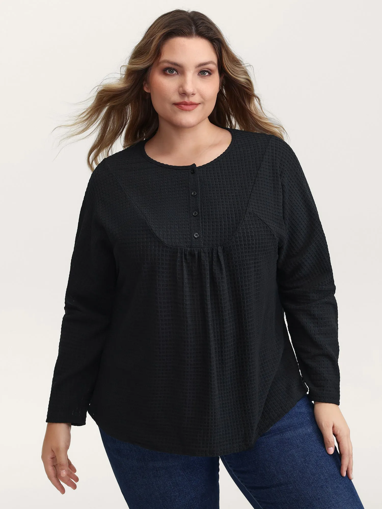Textured Button Placket Knit Top sold by Bloomchic