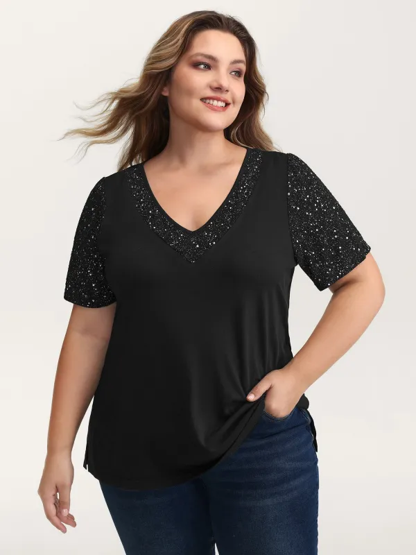Shimmery Stretchy Spliced Fitted T-Shirt sold by Bloomchic
