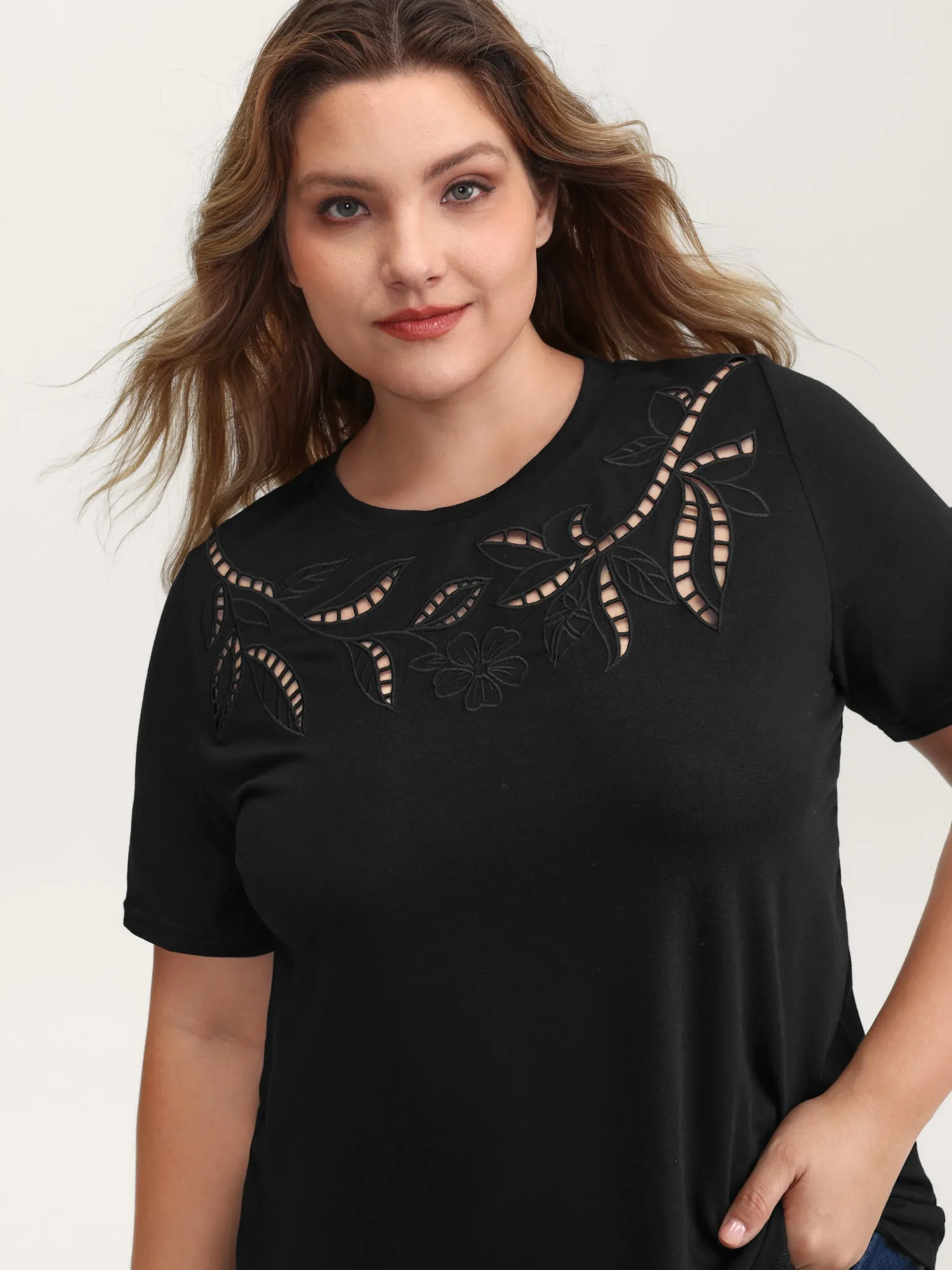 Stretchy Embroidered Cut-Out T-Shirt sold by Bloomchic