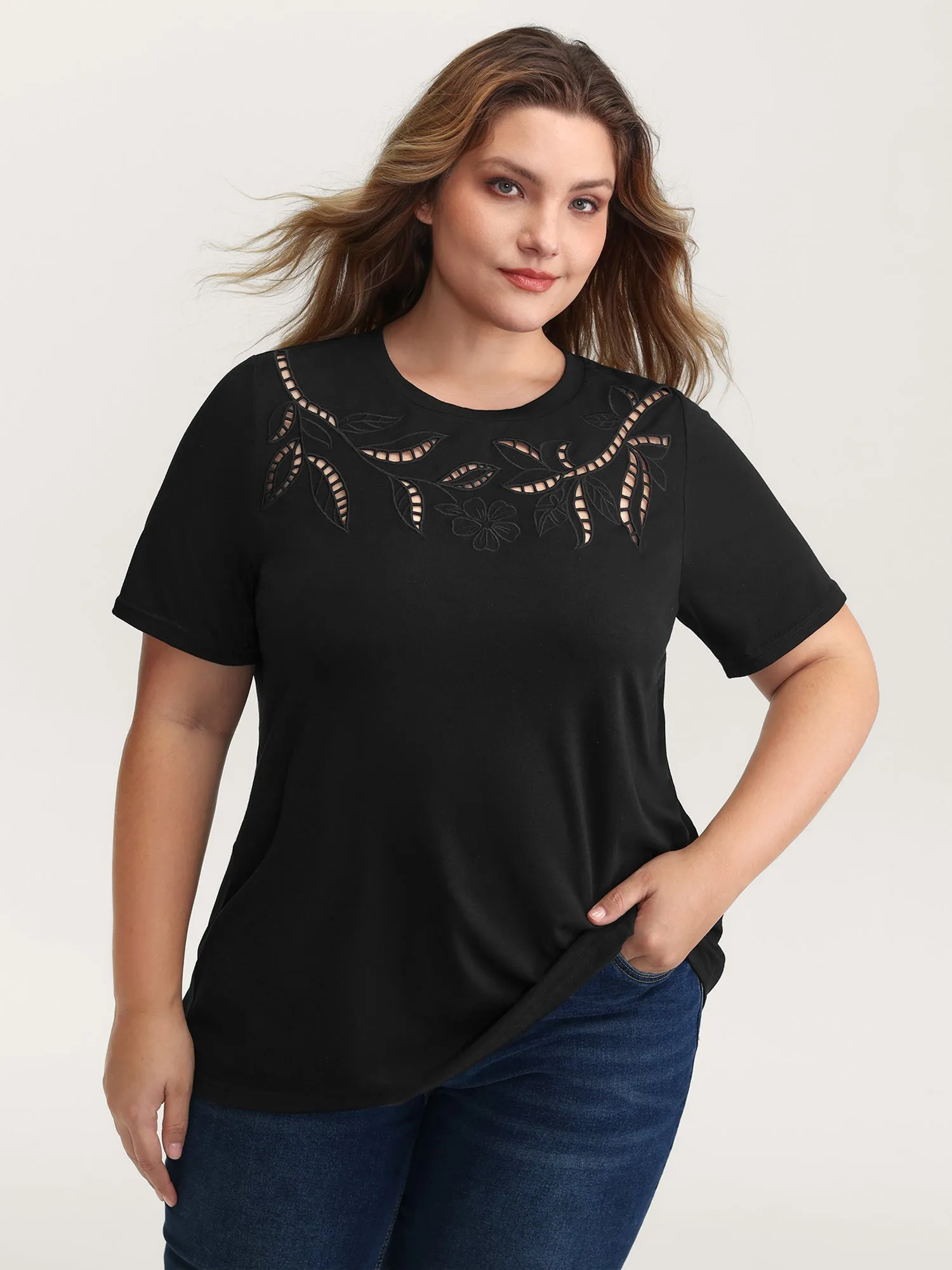 Stretchy Embroidered Cut-Out T-Shirt sold by Bloomchic product image thumbnail 2