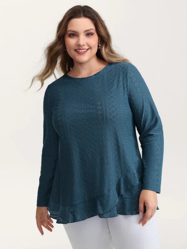 Eyelet Trim Overlap Ruffled Hem T-Shirt sold by Bloomchic