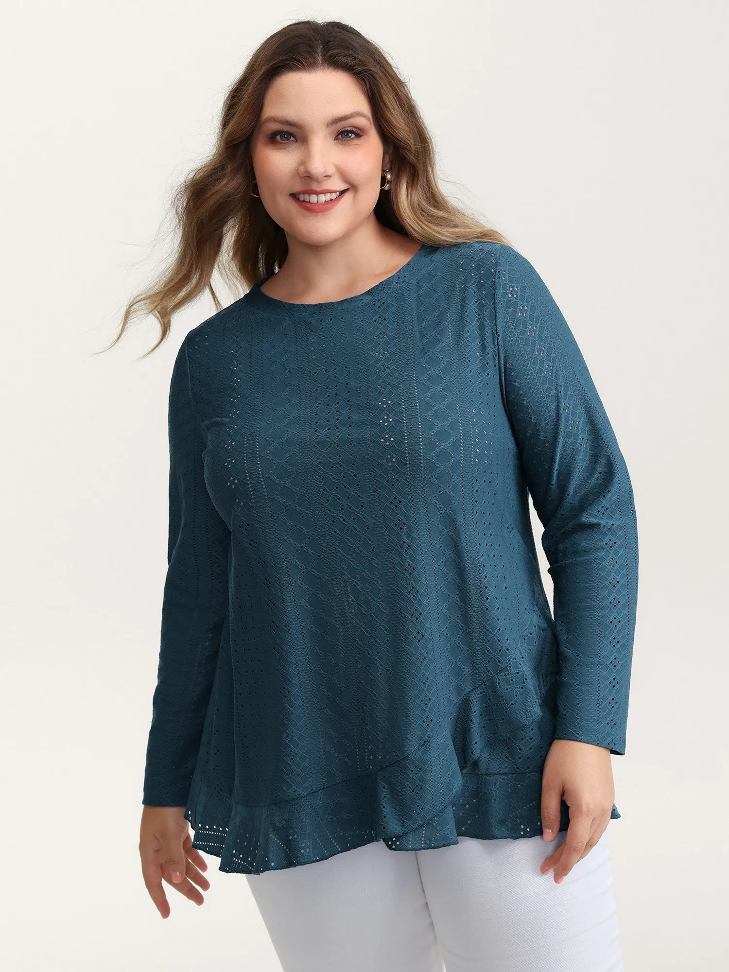 Eyelet Trim Overlap Ruffled Hem T-Shirt sold by Bloomchic