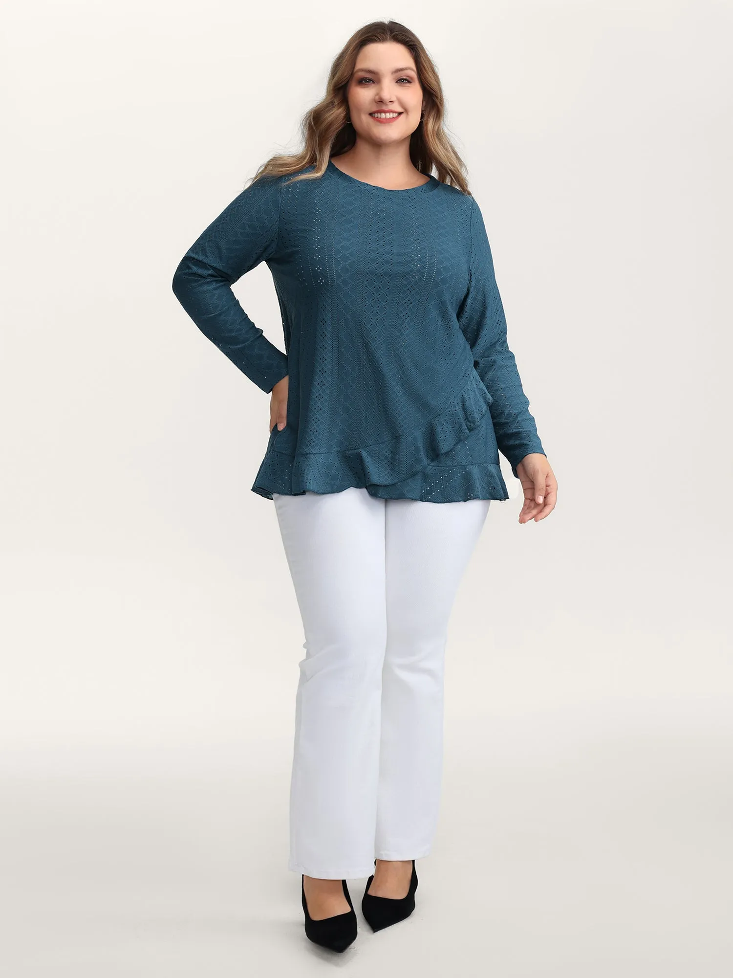 Eyelet Trim Overlap Ruffled Hem T-Shirt sold by Bloomchic product image thumbnail 3