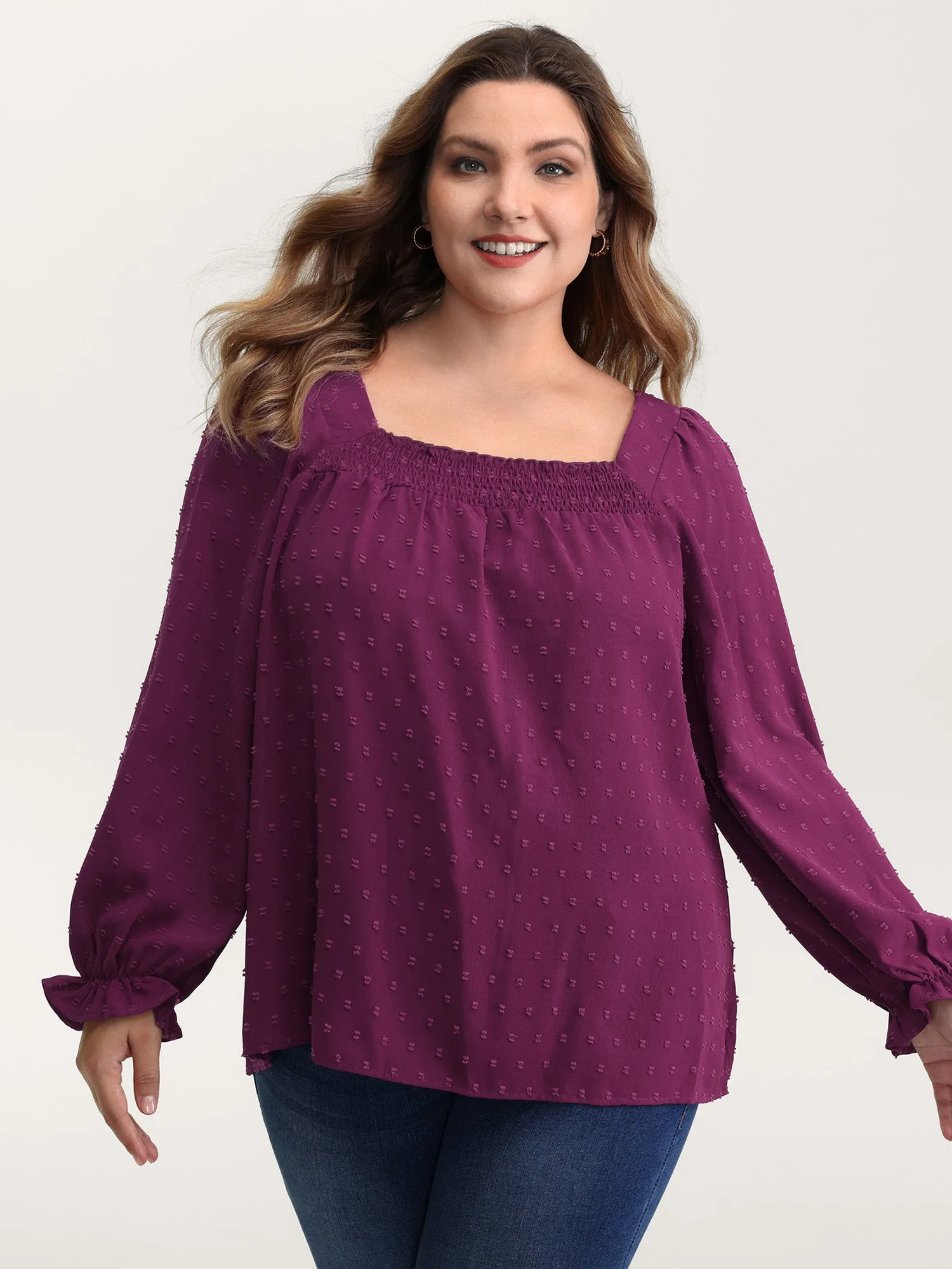 Shirred Neckline Bust-Ease Textured Blouse sold by Bloomchic