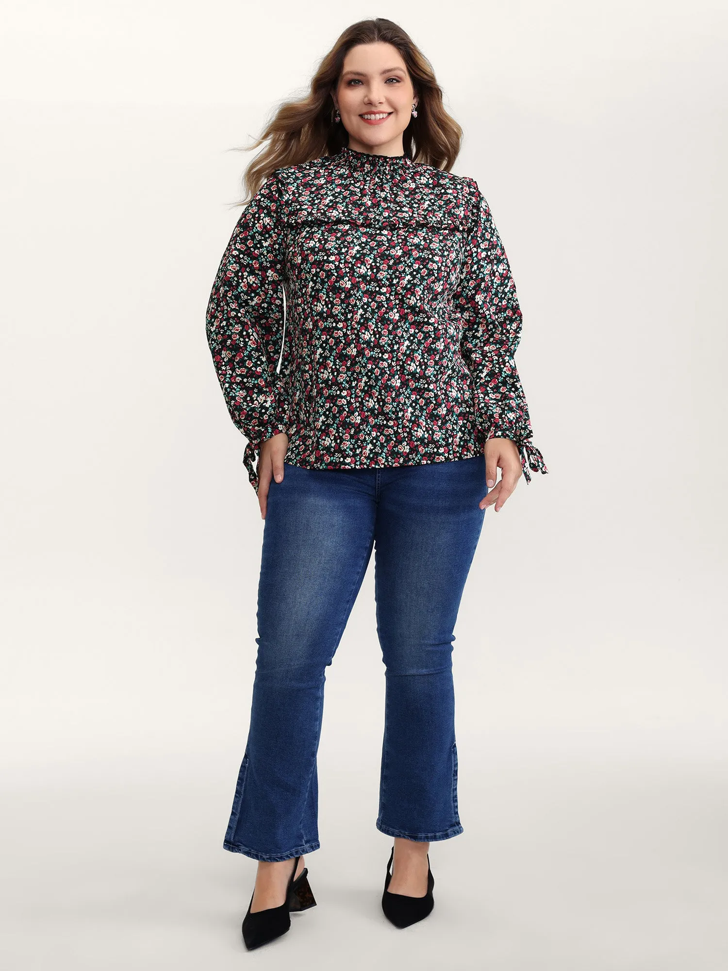 Floral Print Shirred Sleeve Tie Blouse sold by Bloomchic product image thumbnail 3