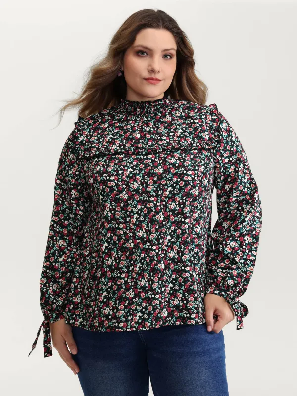 Floral Print Shirred Sleeve Tie Blouse sold by Bloomchic
