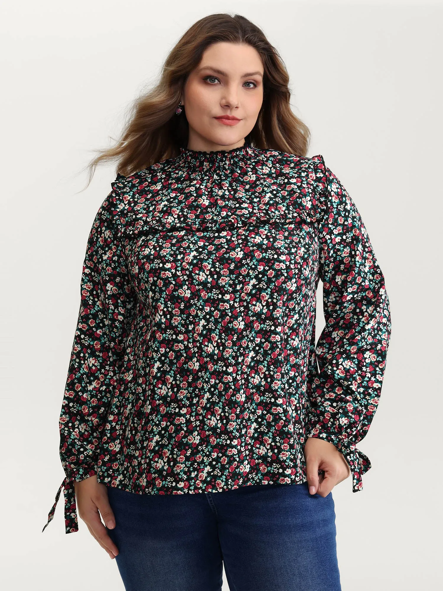 Floral Print Shirred Sleeve Tie Blouse sold by Bloomchic