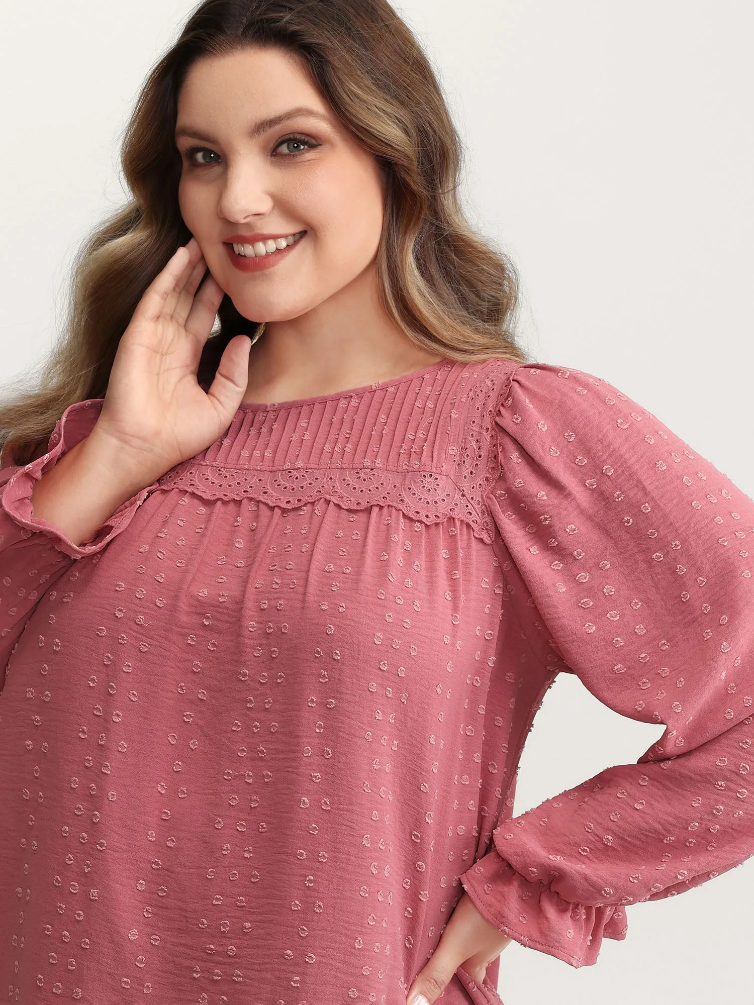 Lace Trim Pleated Textured Blouse sold by Bloomchic