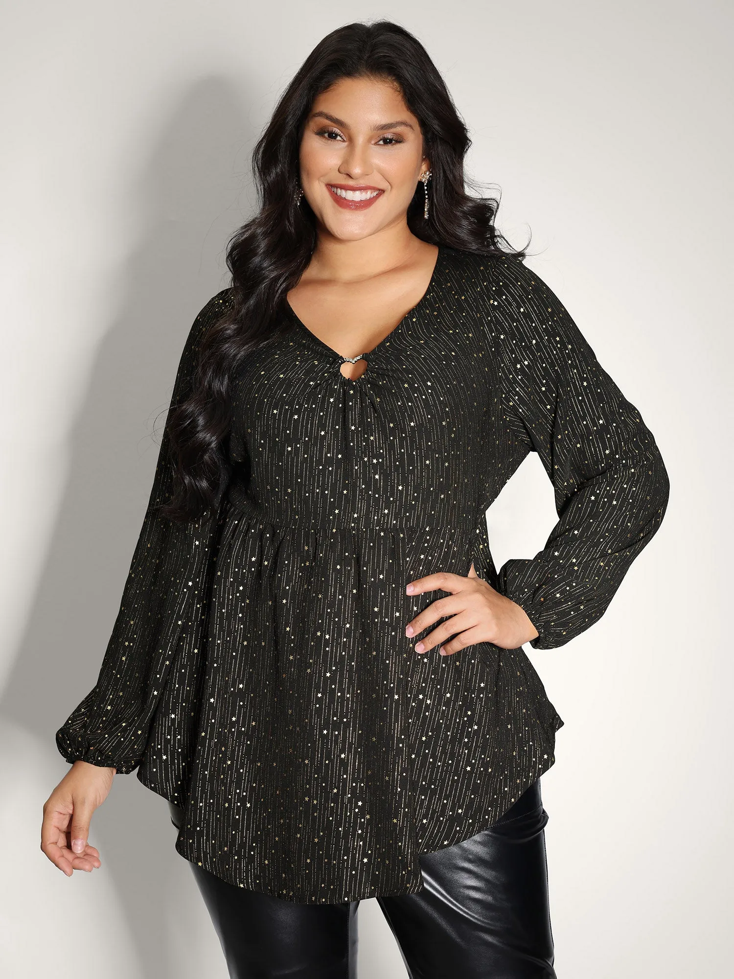 Gold Stamp Ruched Neckline Flowy Blouse sold by Bloomchic