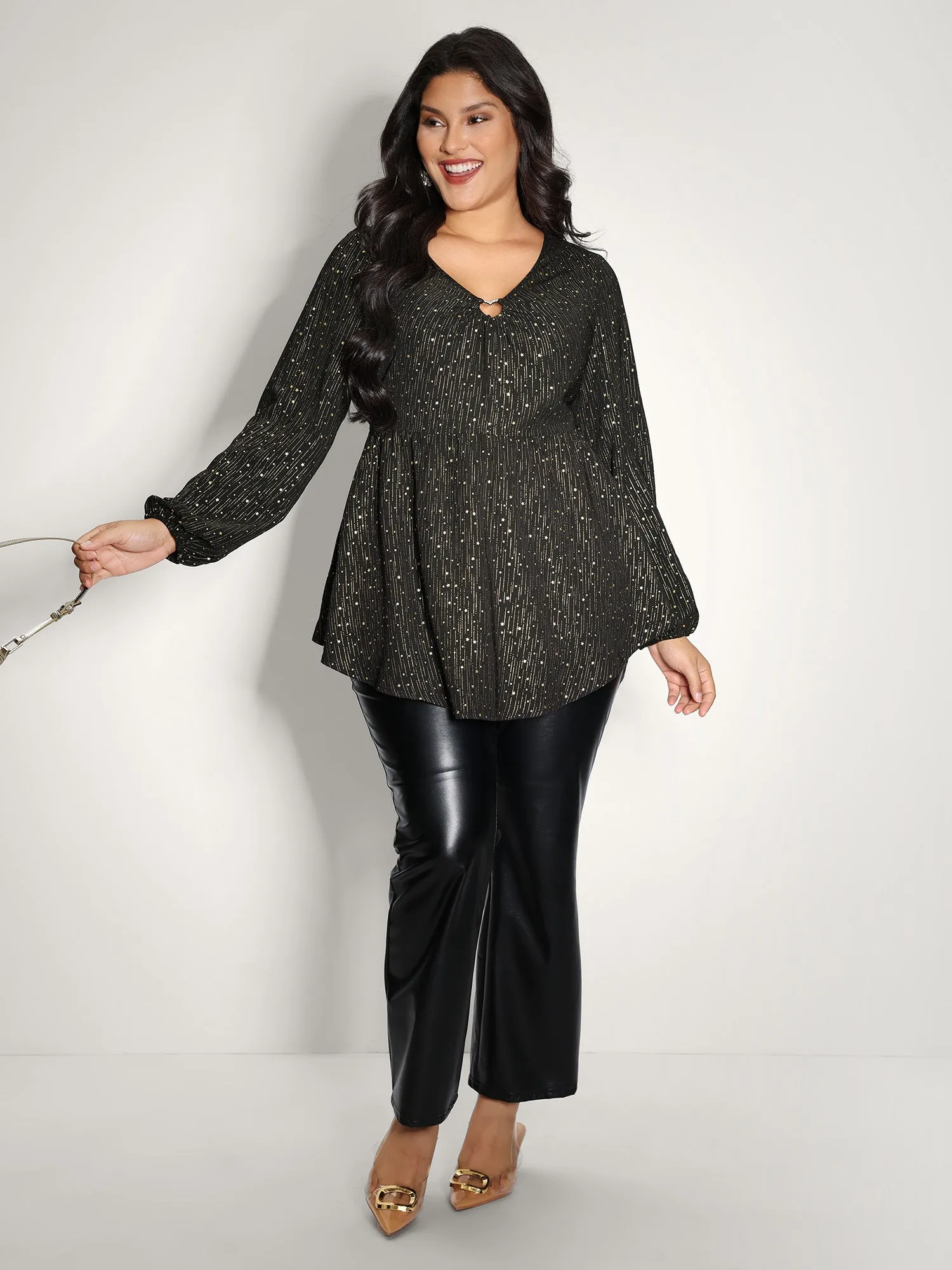 Gold Stamp Ruched Neckline Flowy Blouse sold by Bloomchic product image thumbnail 2