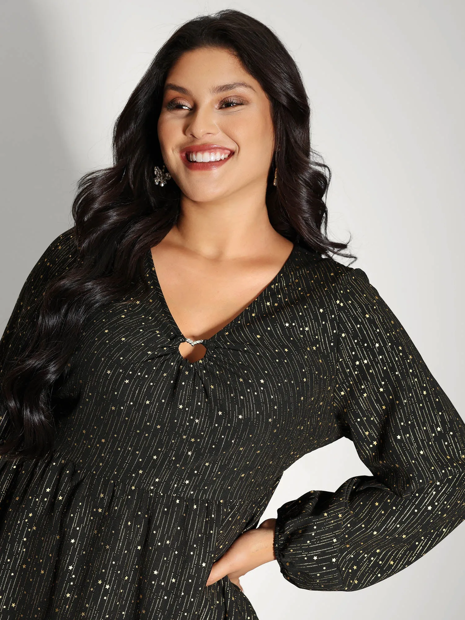 Gold Stamp Ruched Neckline Flowy Blouse sold by Bloomchic product image thumbnail 3