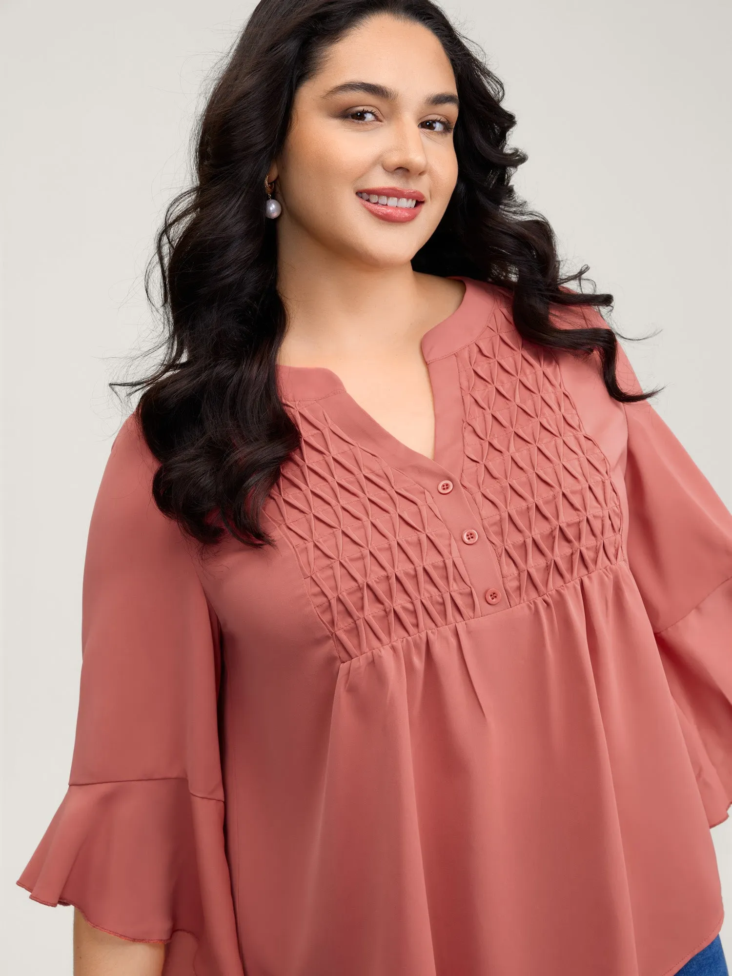 Textured Ruffled Sleeve Flowy Blouse sold by Bloomchic