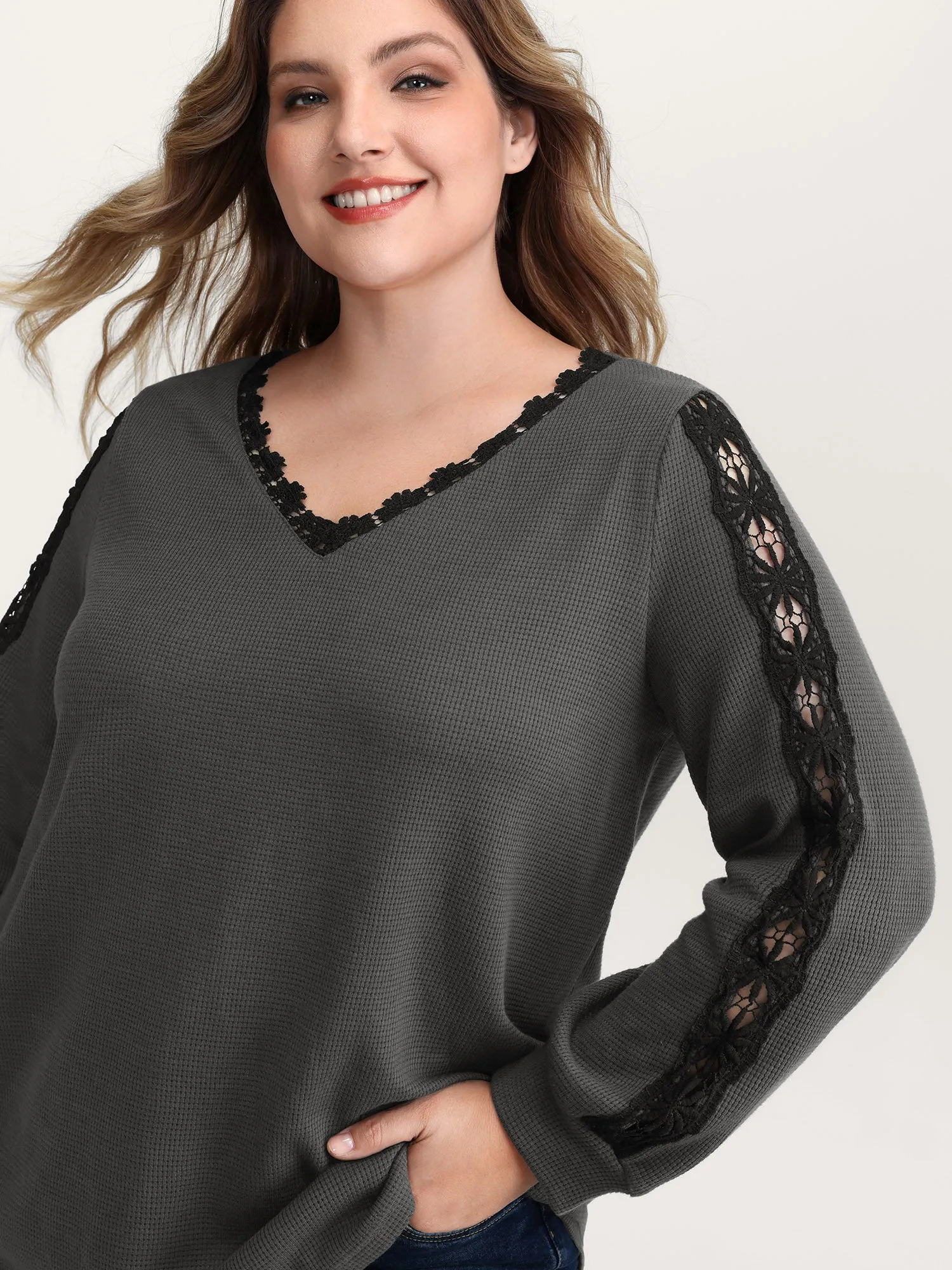 Lace Trim Textured V-Neck T-Shirt sold by Bloomchic product image thumbnail 2